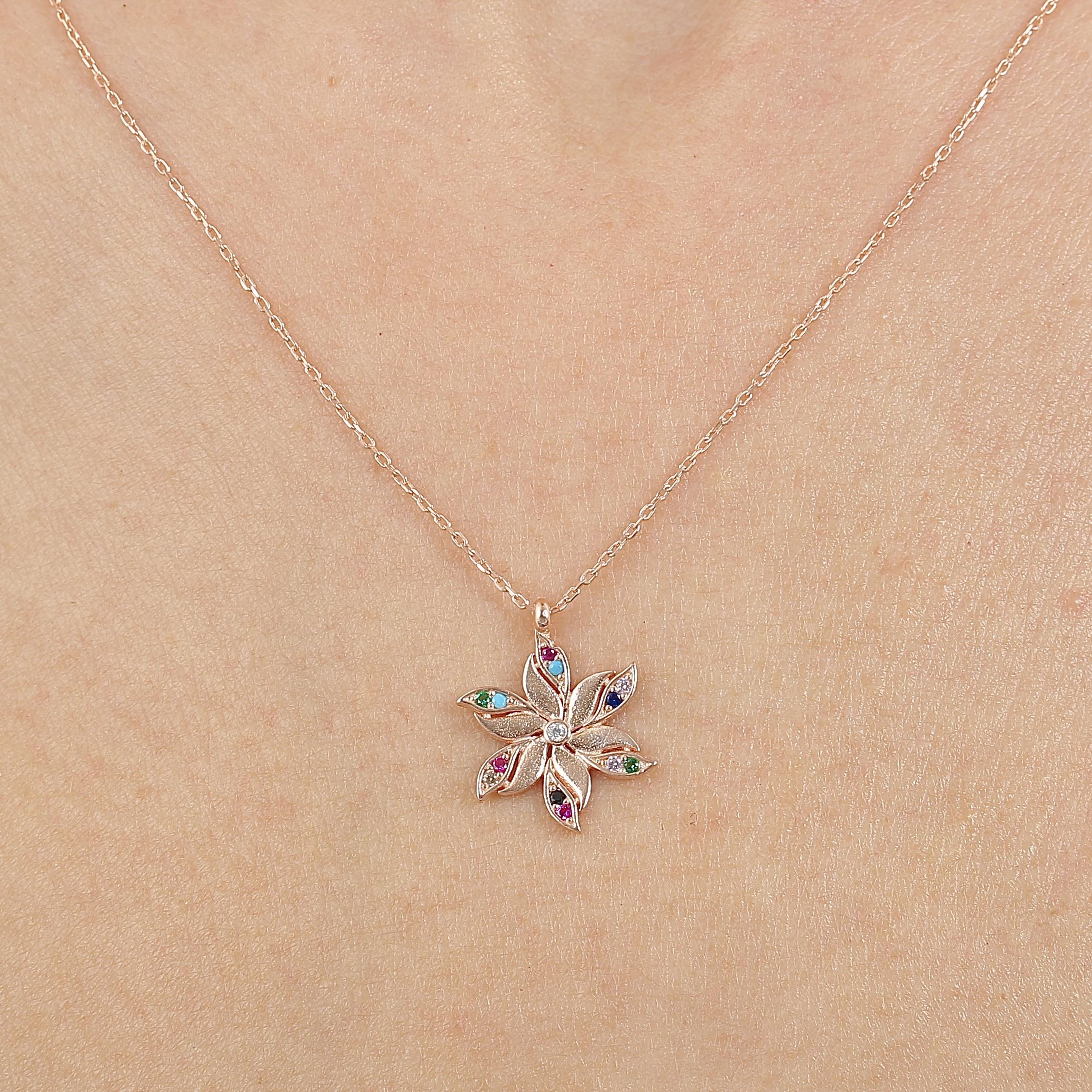 Mixed Stone Lily Flower Rose Gold Necklace