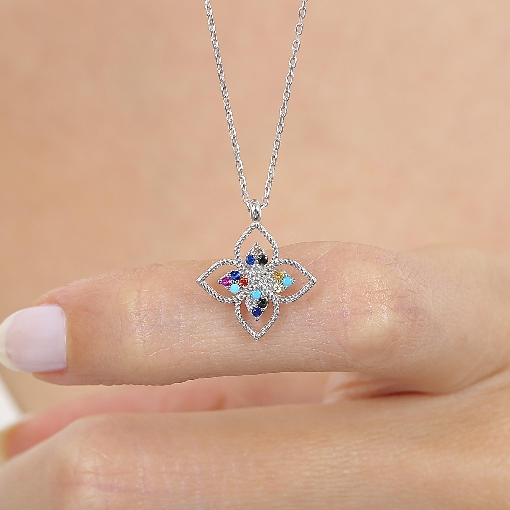 Mixed Stone Colorful Flower Silver Necklace