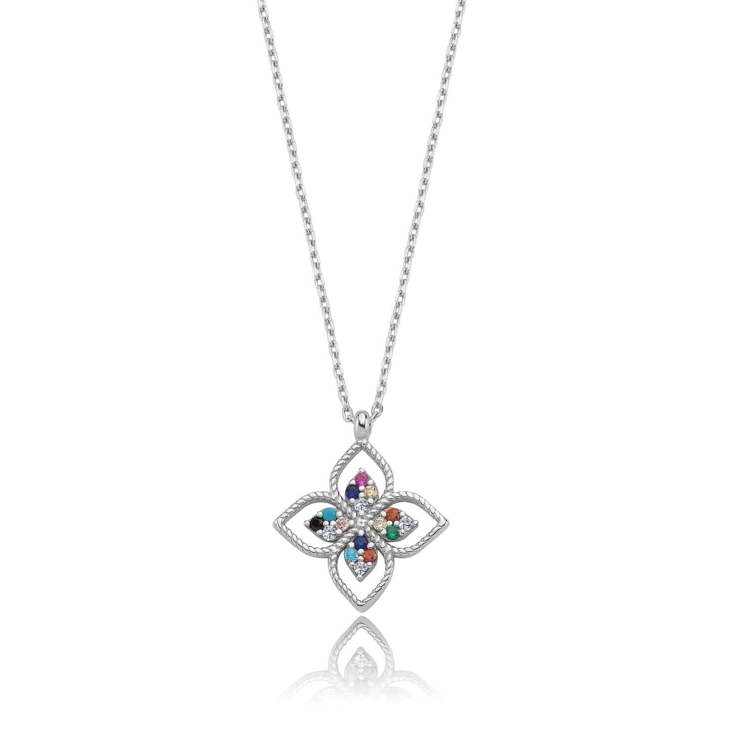 Mixed Stone Colorful Flower Silver Necklace