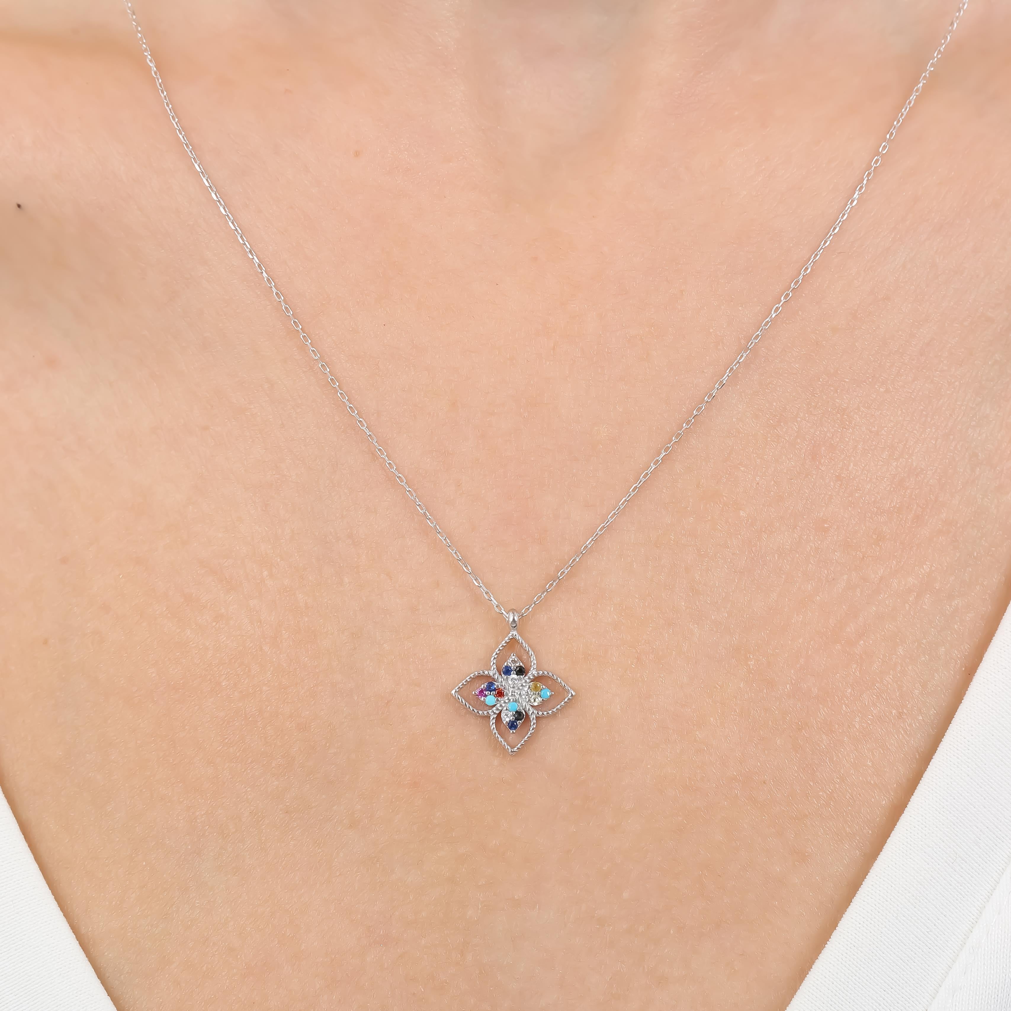 Mixed Stone Colorful Flower Silver Necklace
