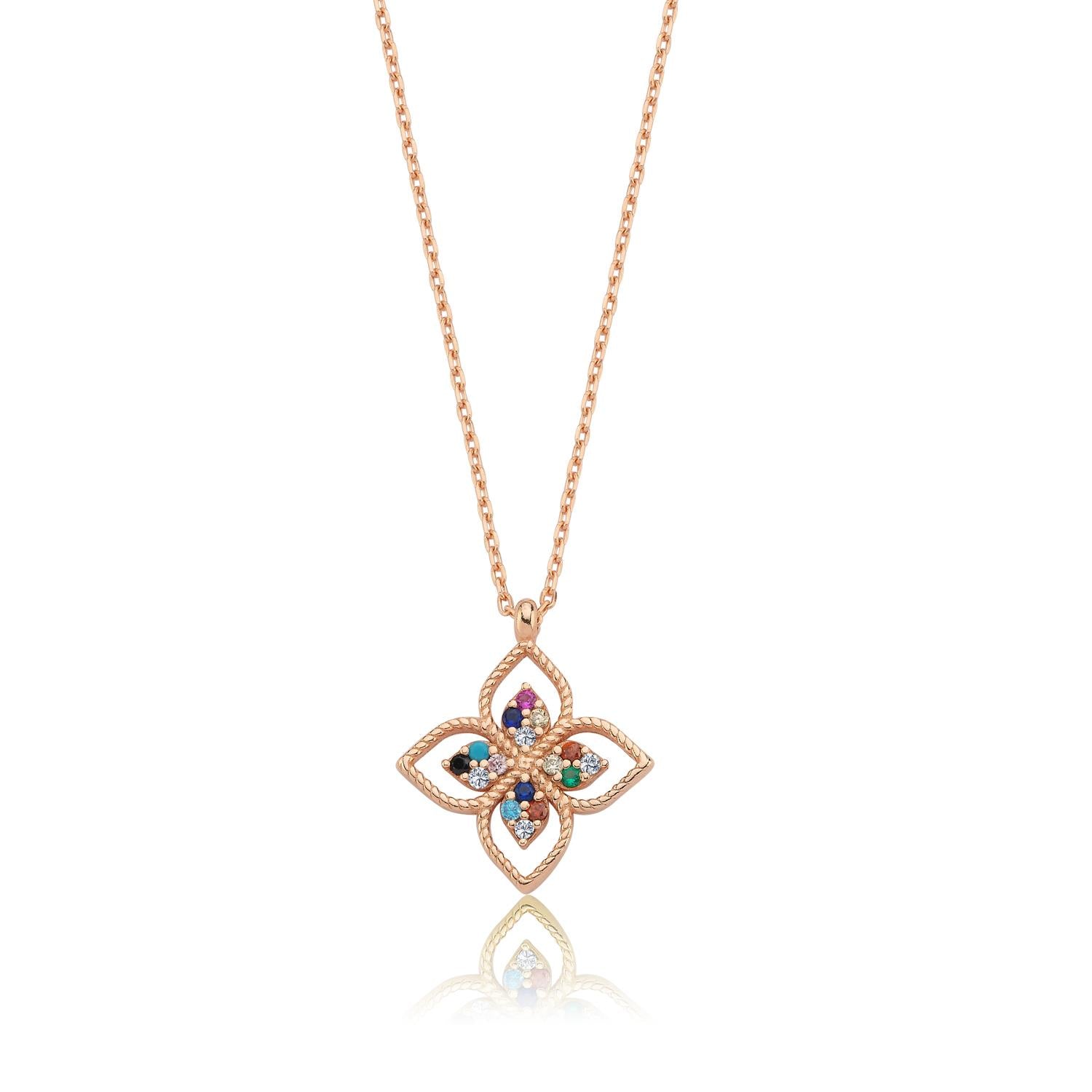 Mixed Stone Colorful Flower Rose Gold Plated Necklace