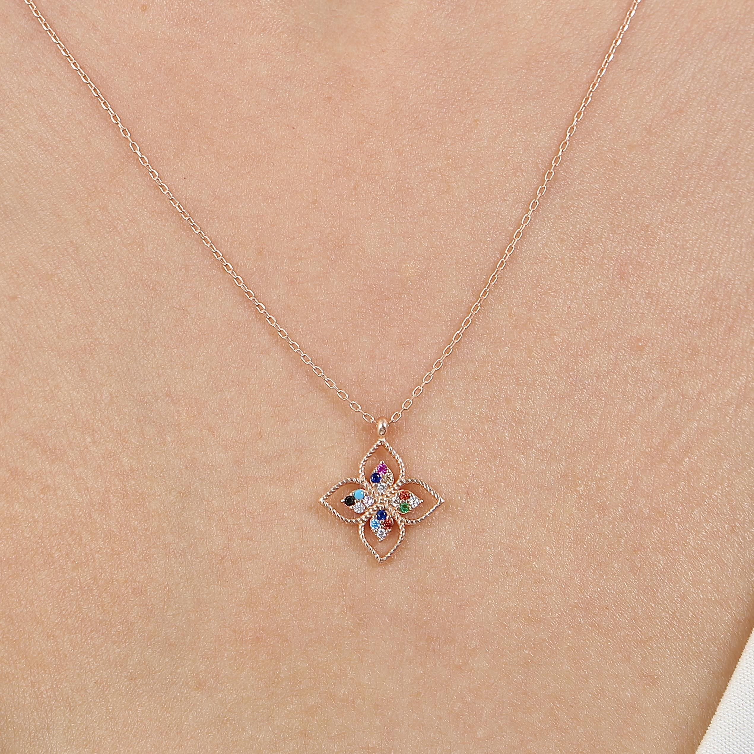 Mixed Stone Colorful Flower Rose Gold Plated Necklace