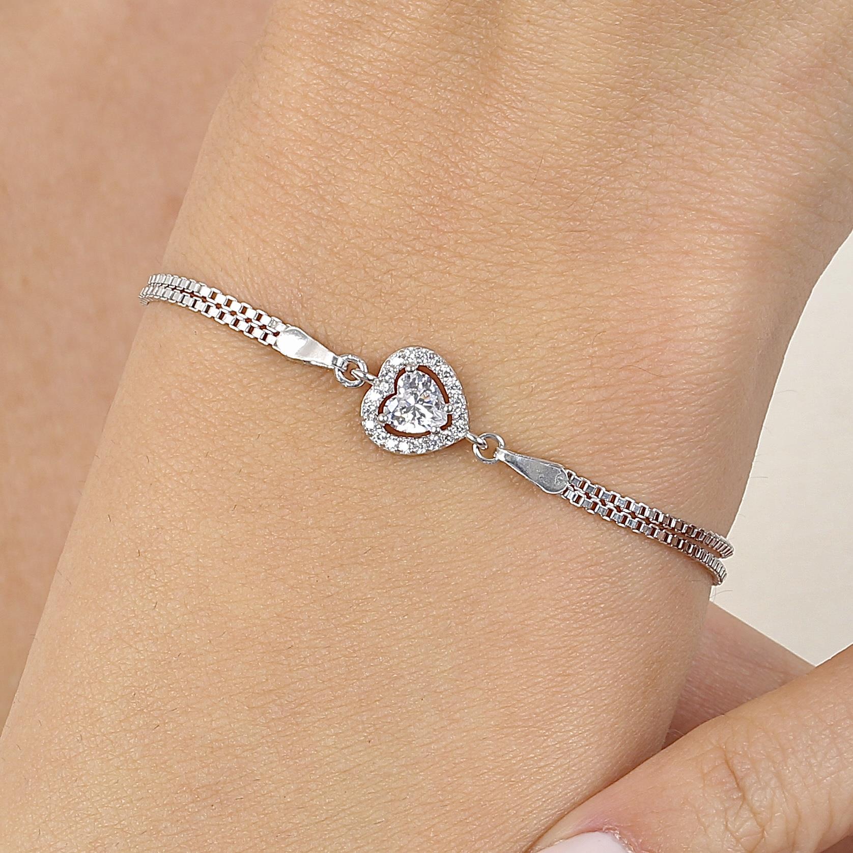White Stone Cute Heart Silver Bracelet