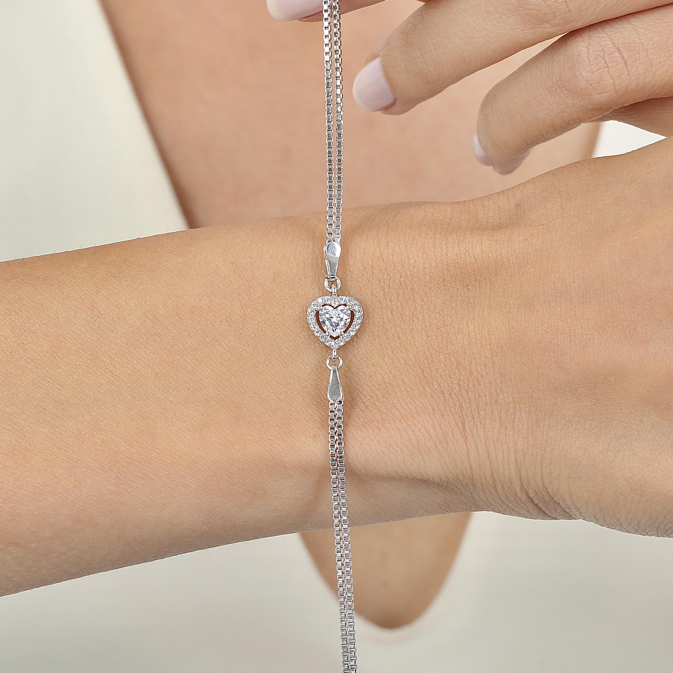 White Stone Cute Heart Silver Bracelet