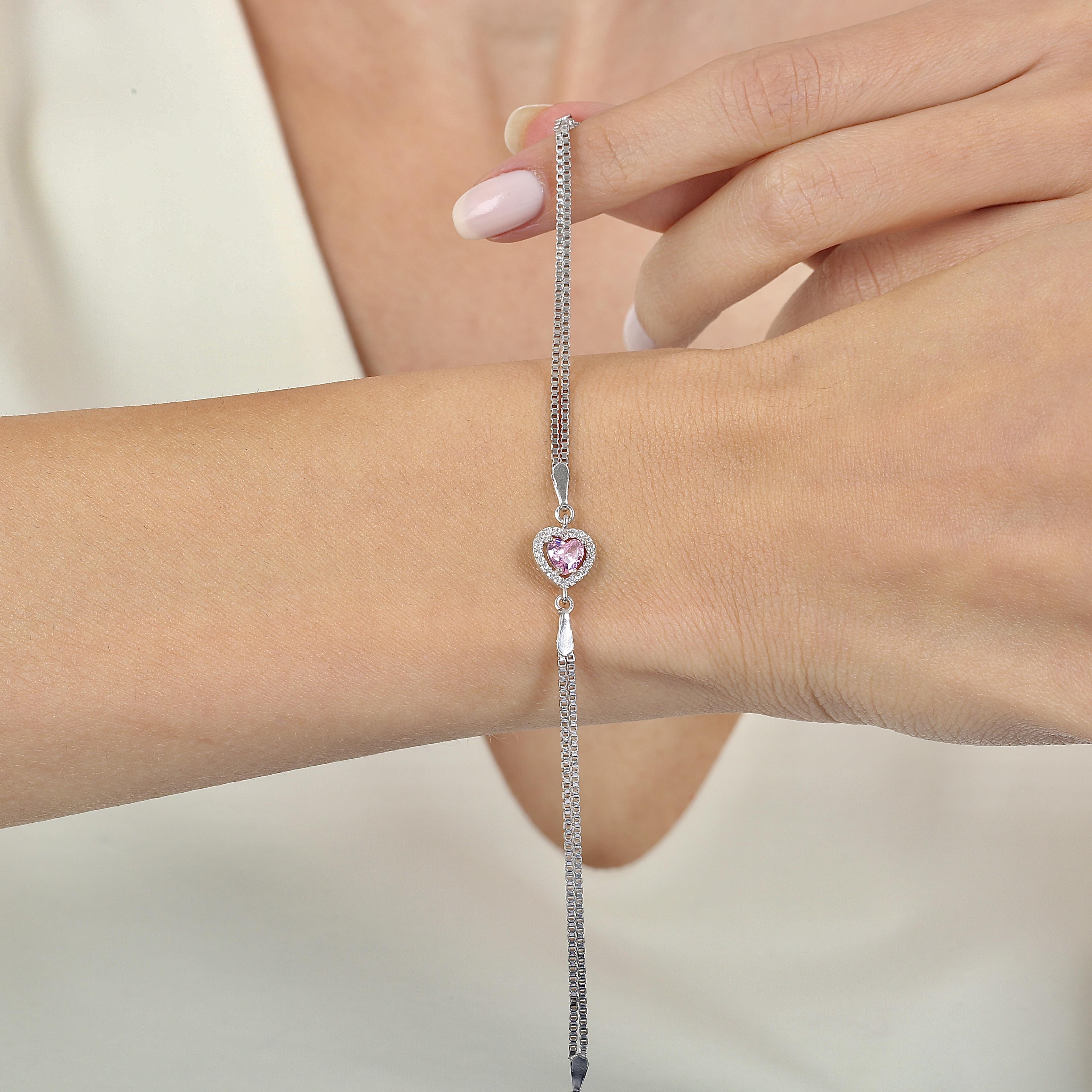 Pink Stone Cute Heart Silver Bracelet