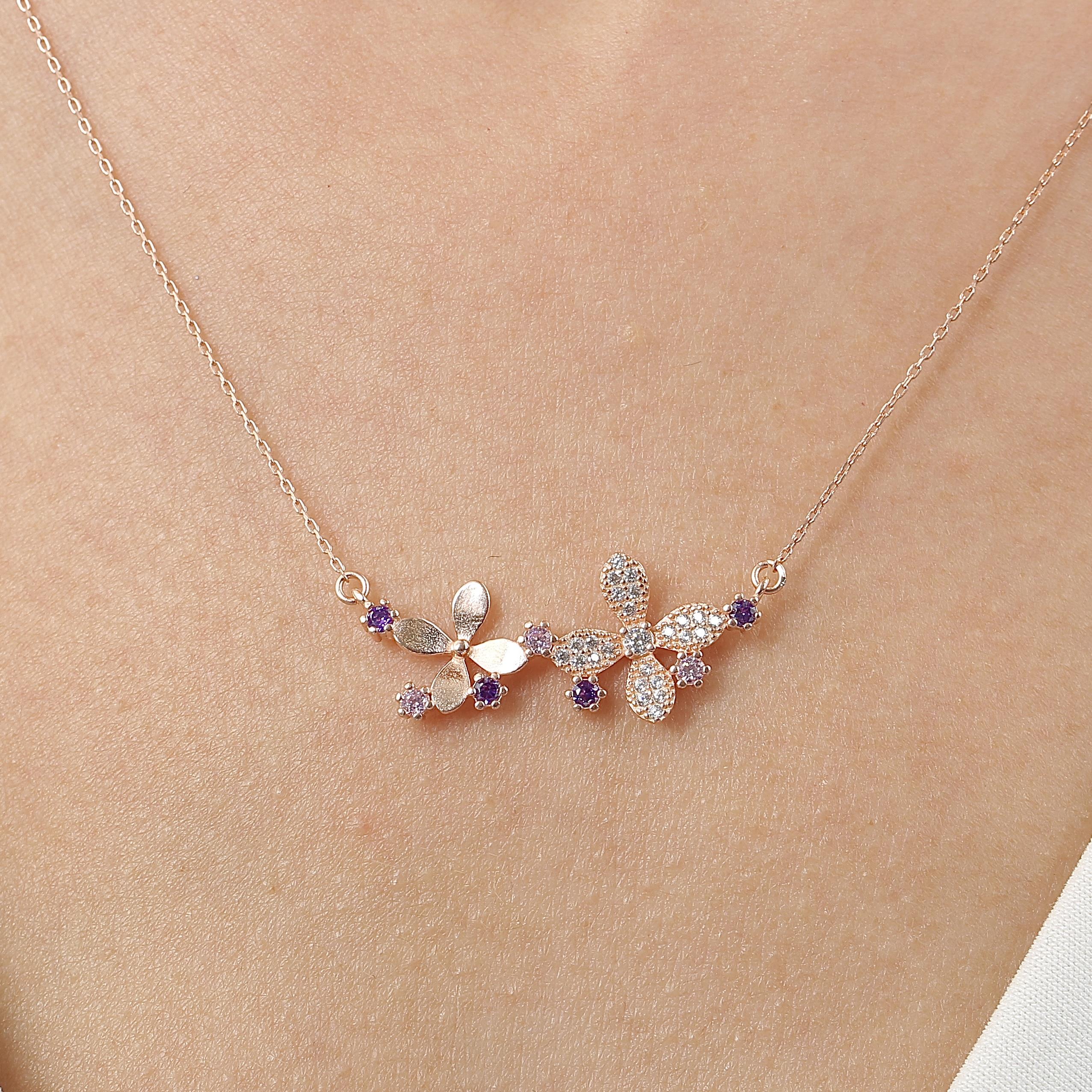 Colorful Sparkling Clovers Rose Gold Plated Necklace