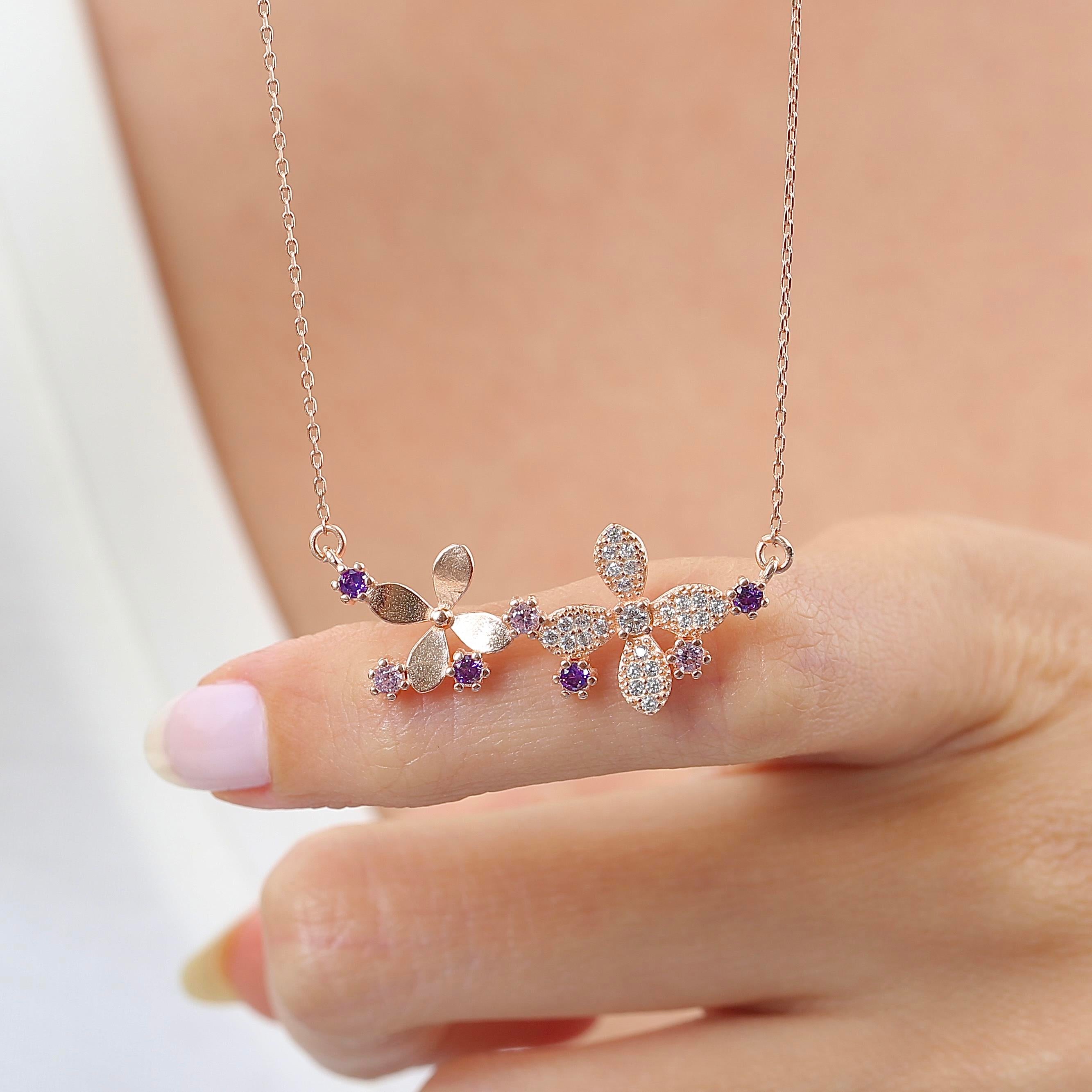 Colorful Sparkling Clovers Rose Gold Plated Necklace