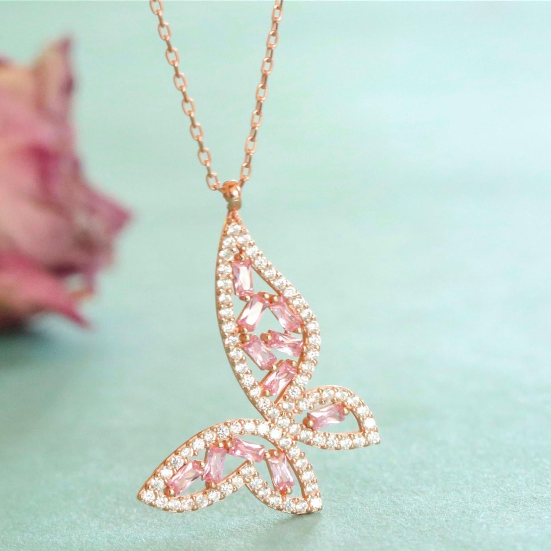 Pink Baguette Butterfly Grace Rose Gold Necklace