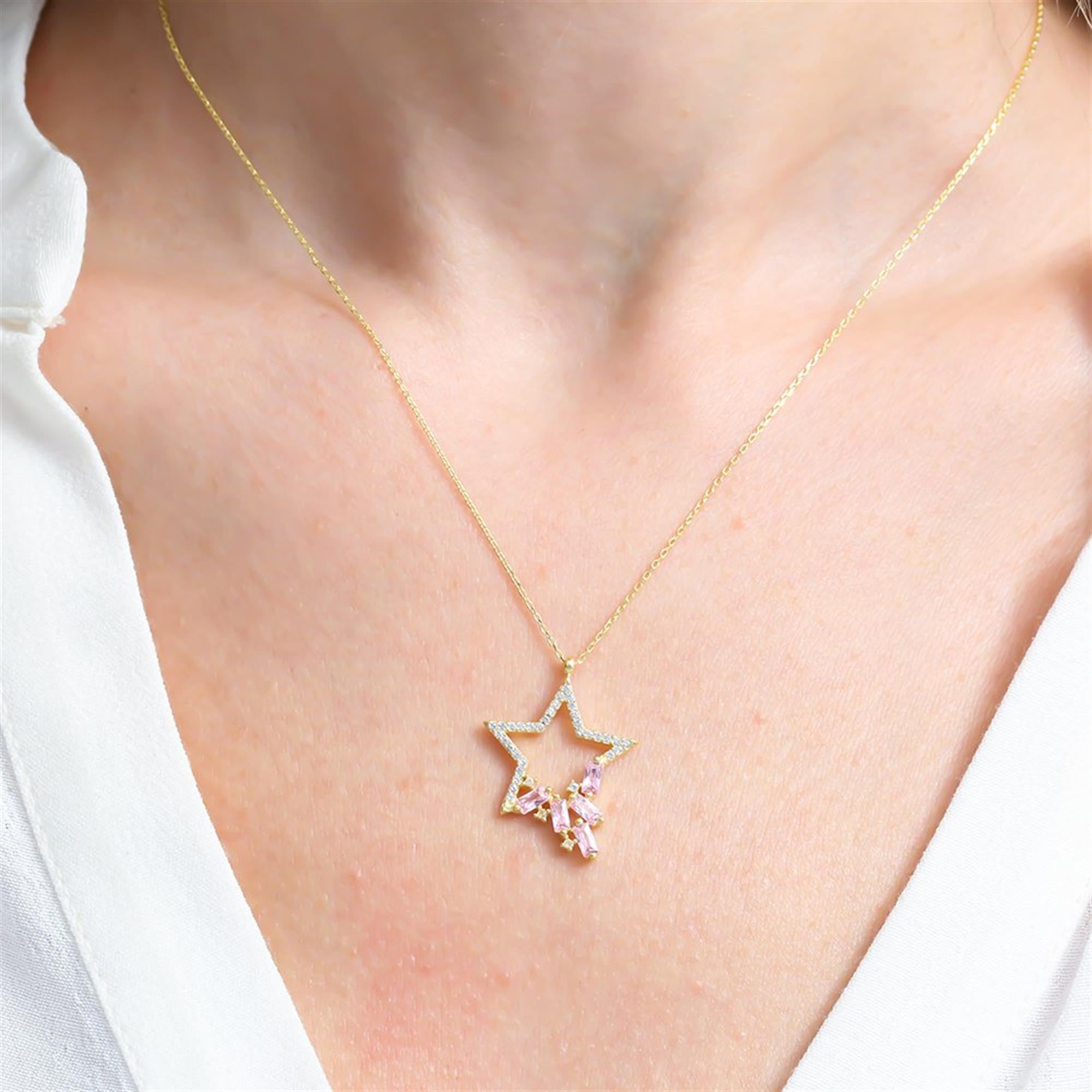 Pink Baguette Stone Star Gold Plated Necklace