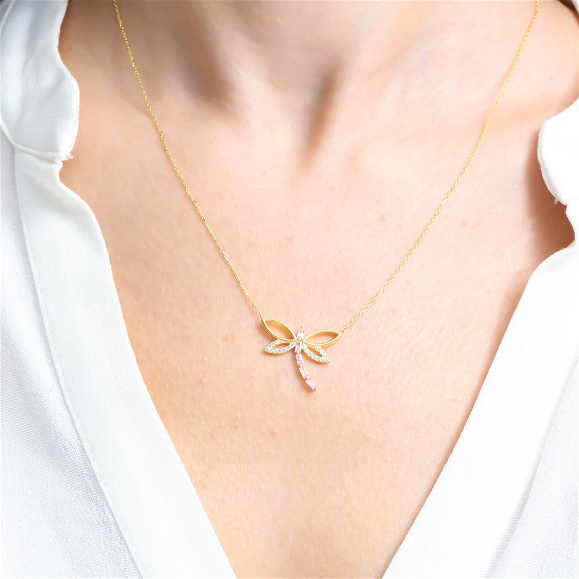 Pink Baguette Dragonfly Gold Plated Necklace