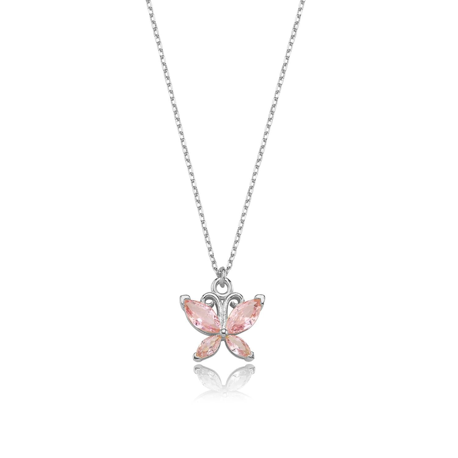 Pink Stone Butterfly Silver Necklace
