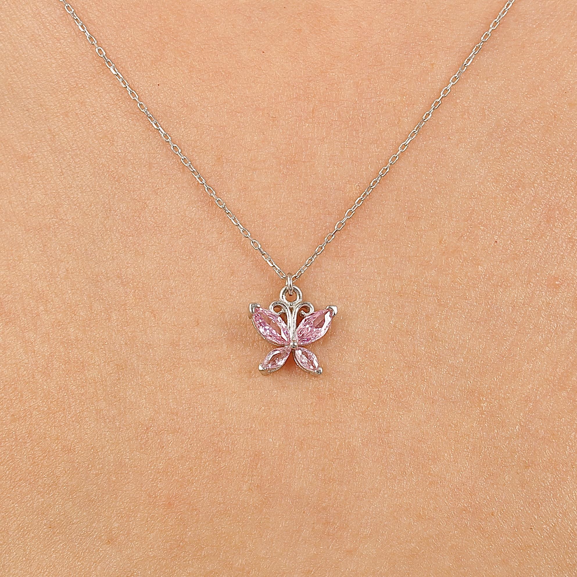 Pink Stone Butterfly Silver Necklace