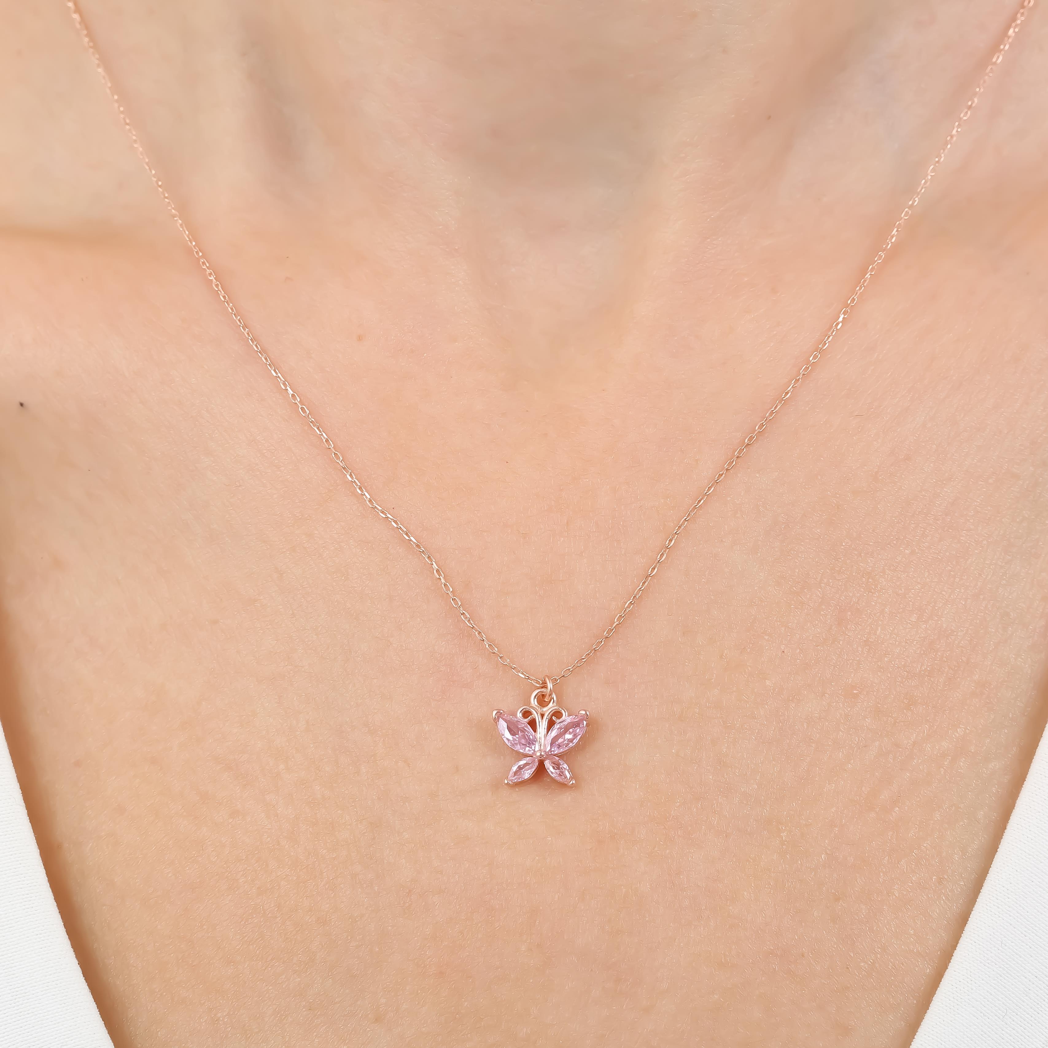 Pink Stone Butterfly Rose Gold Plated Necklace