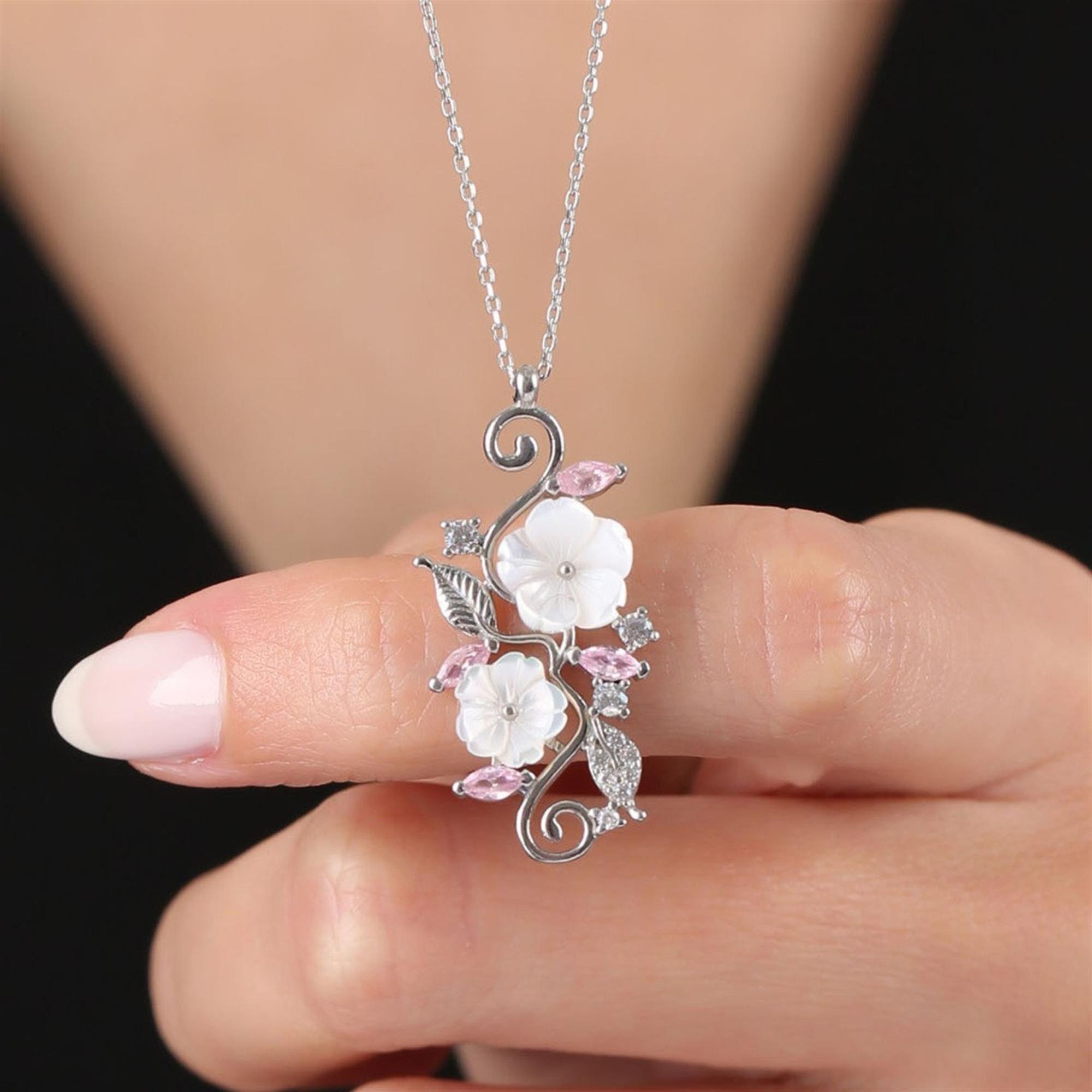 Pink Stone Magnolia Flower Love Garden Silver Necklace