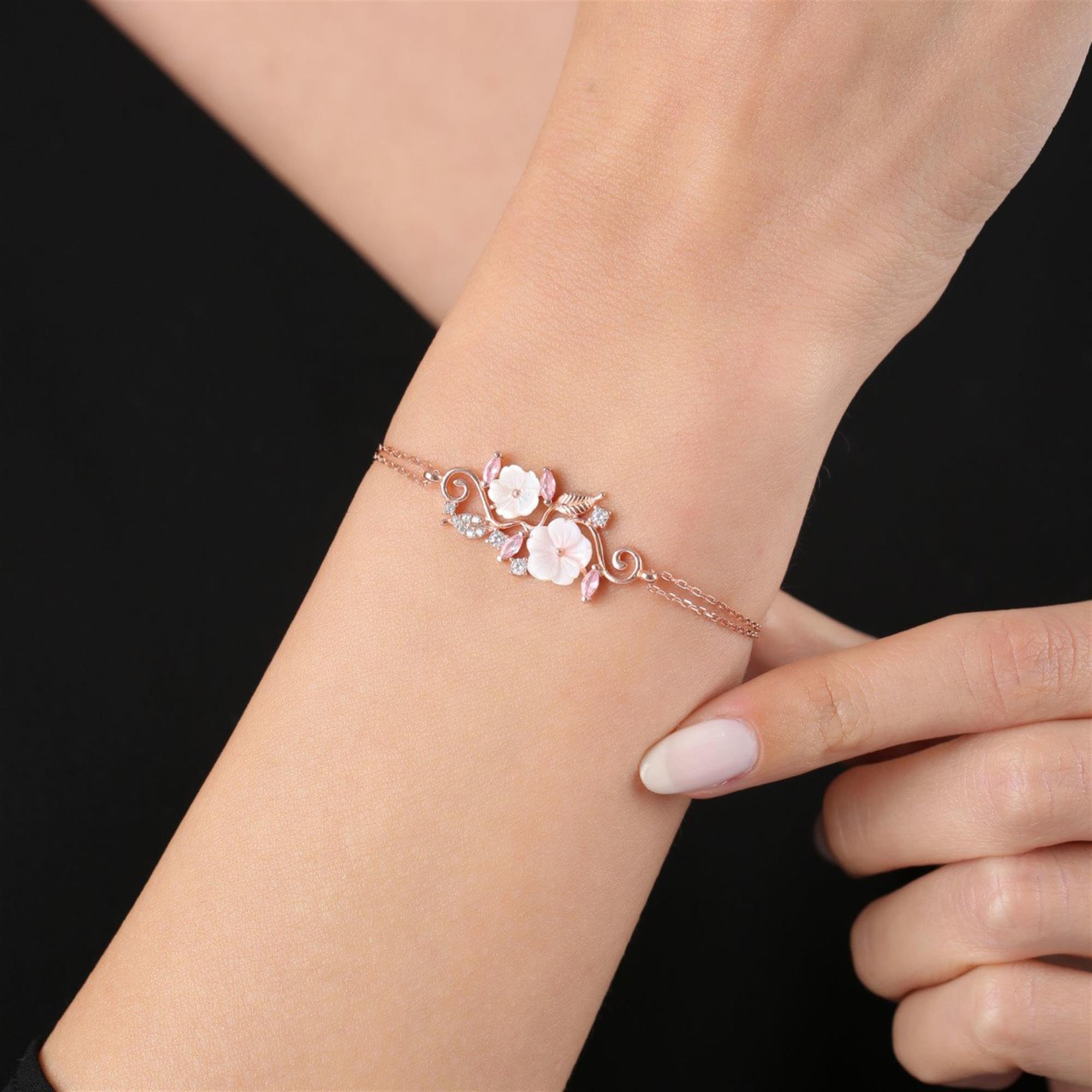 Pink Stone Magnolia Flowers Love Garden Rose Gold Bracelet