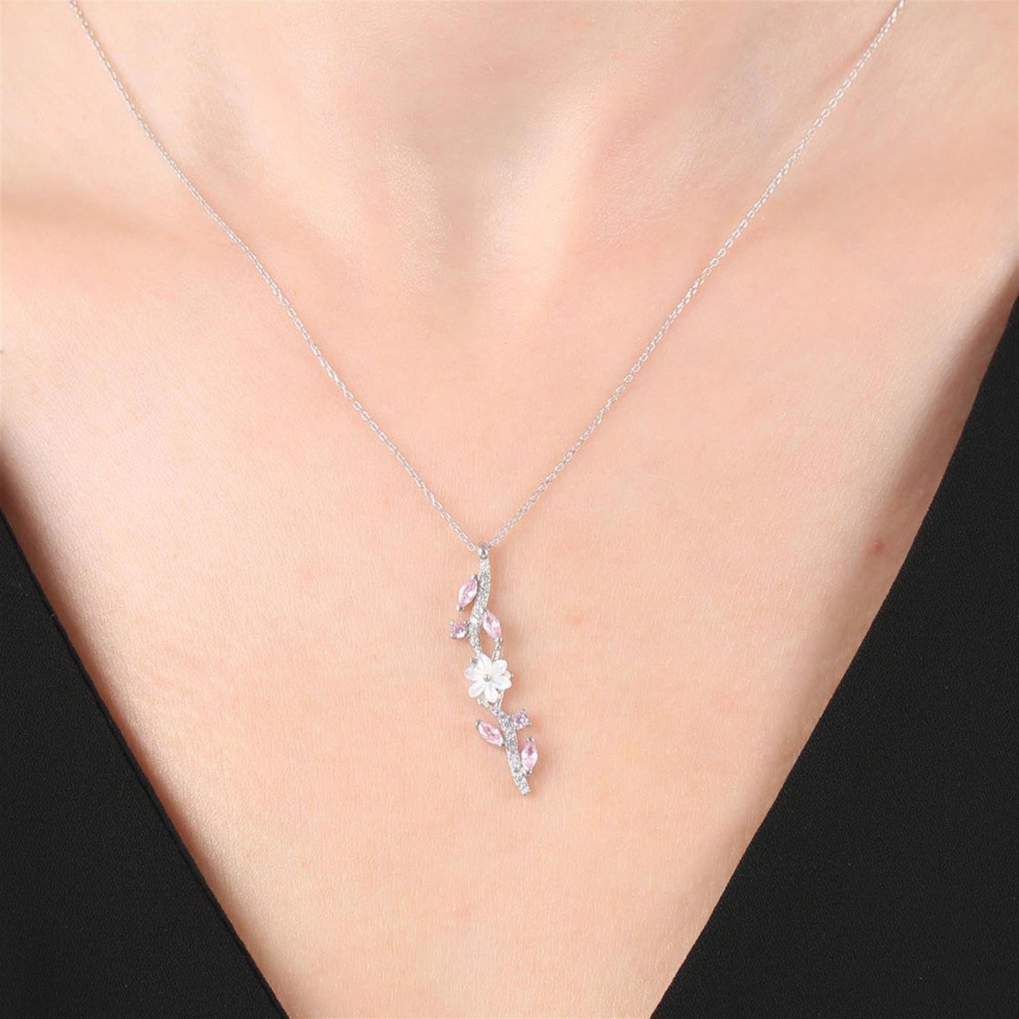 Pink Stone Magnolia Flower Elegance Bond Flowers Silver Necklace