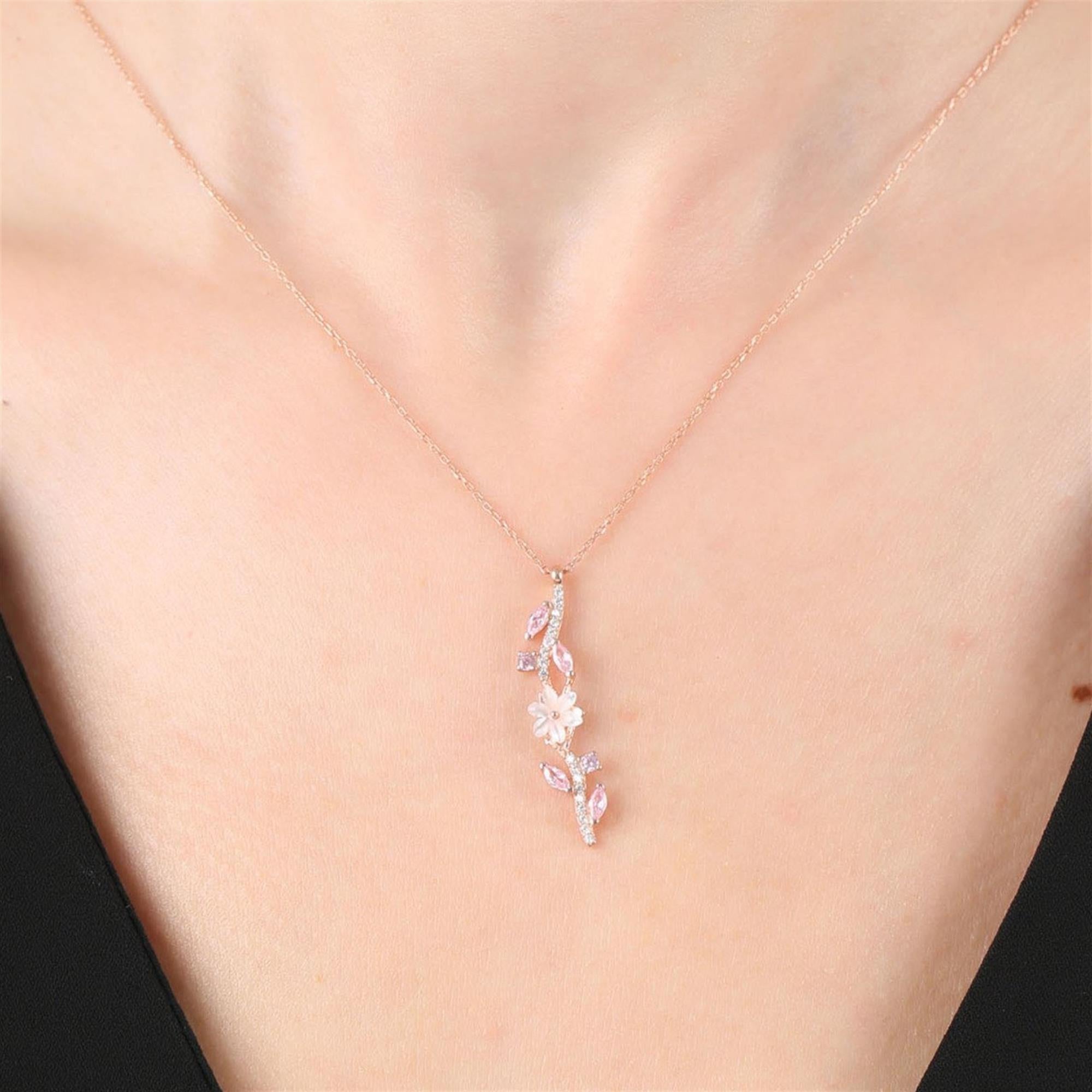 Pink Stone Magnolia Flower Elegance Bond Flowers Rose Gold Necklace
