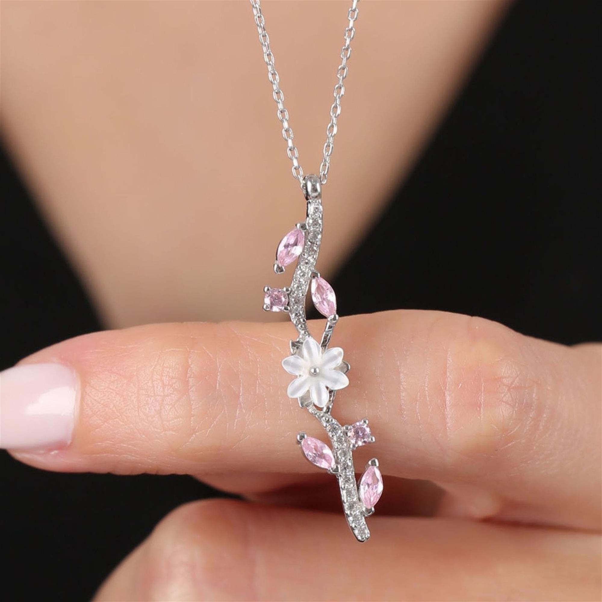 Pink Stone Magnolia Flower Elegance Bond Flowers Silver Necklace