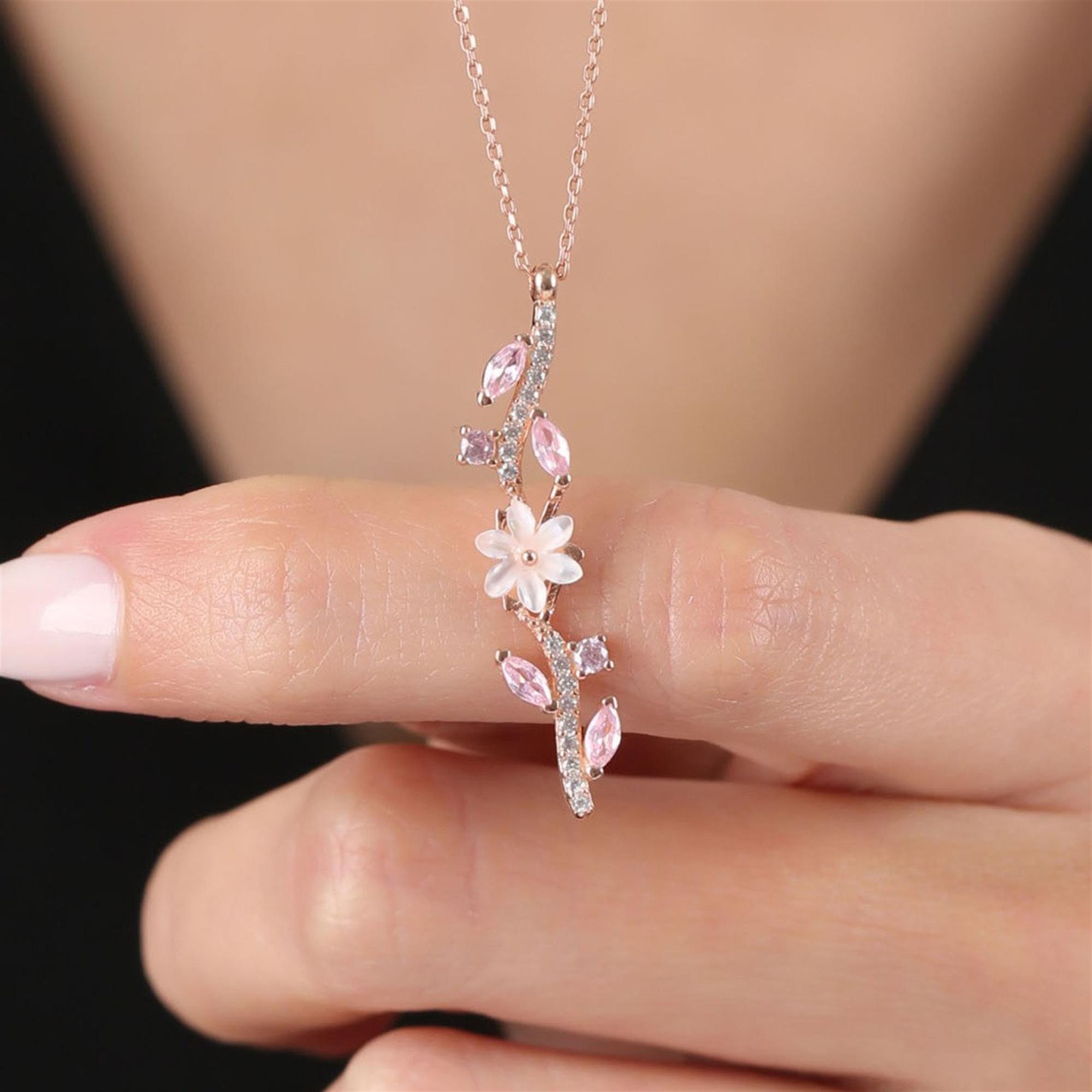 Pink Stone Magnolia Flower Elegance Bond Flowers Rose Gold Necklace
