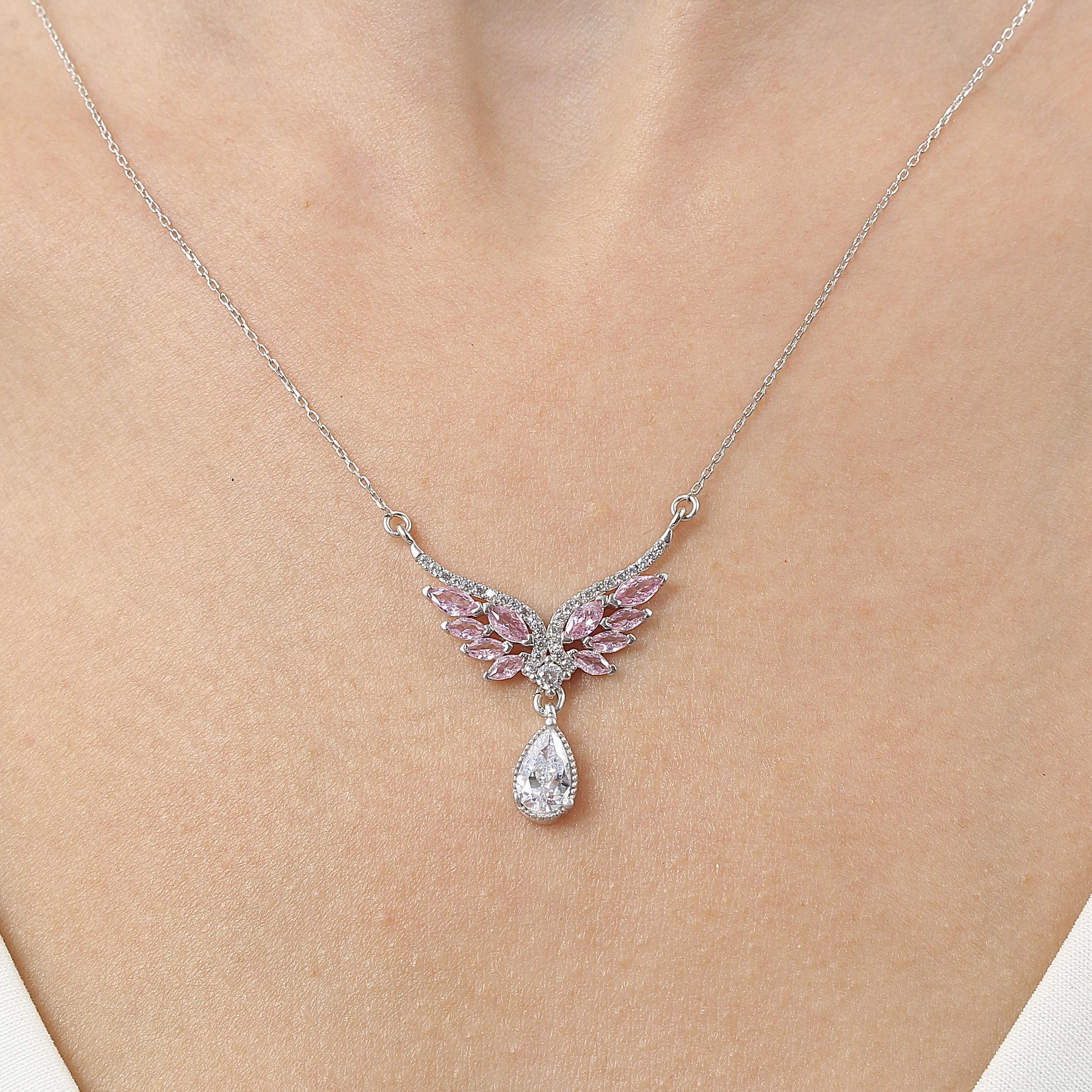 Pink Stone Angel Wing Silver Necklace