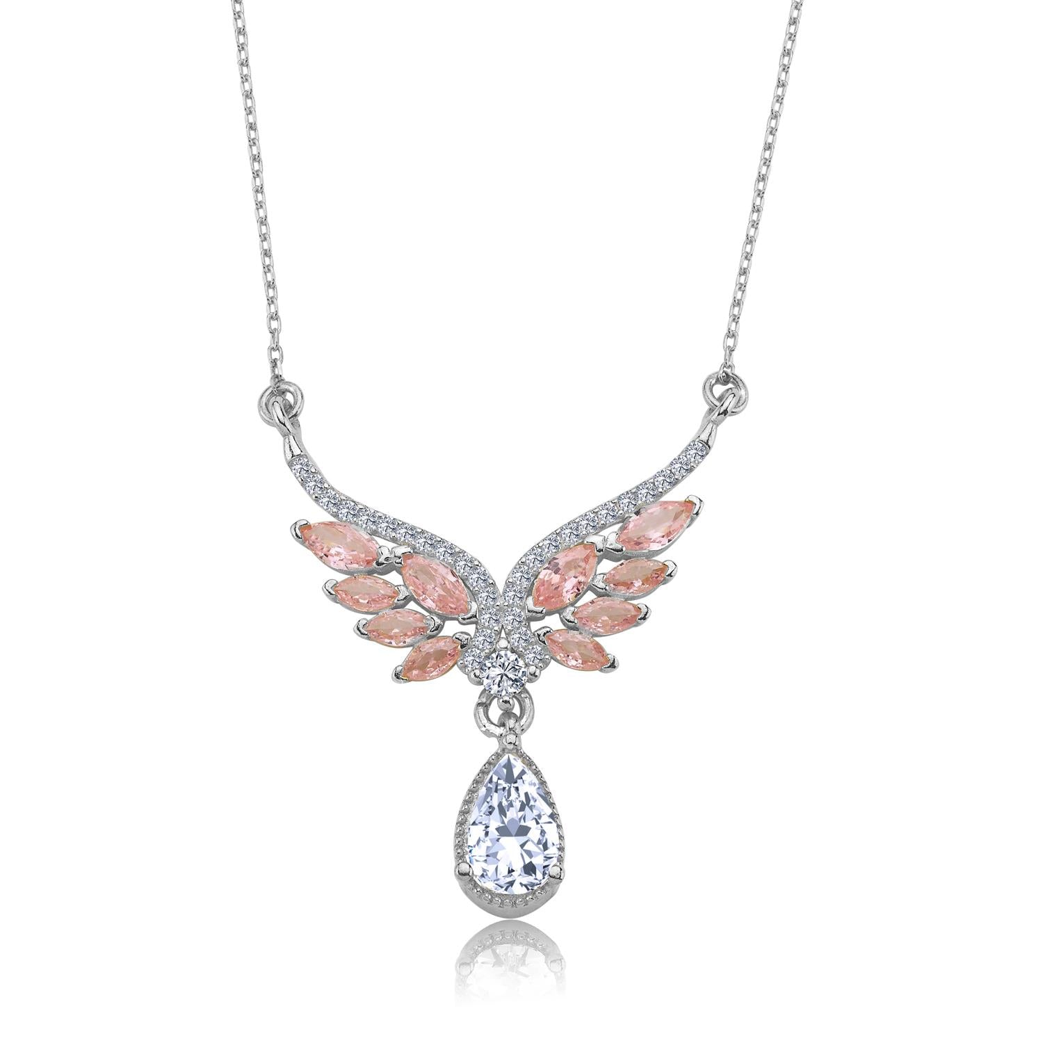 Pink Stone Angel Wing Silver Necklace