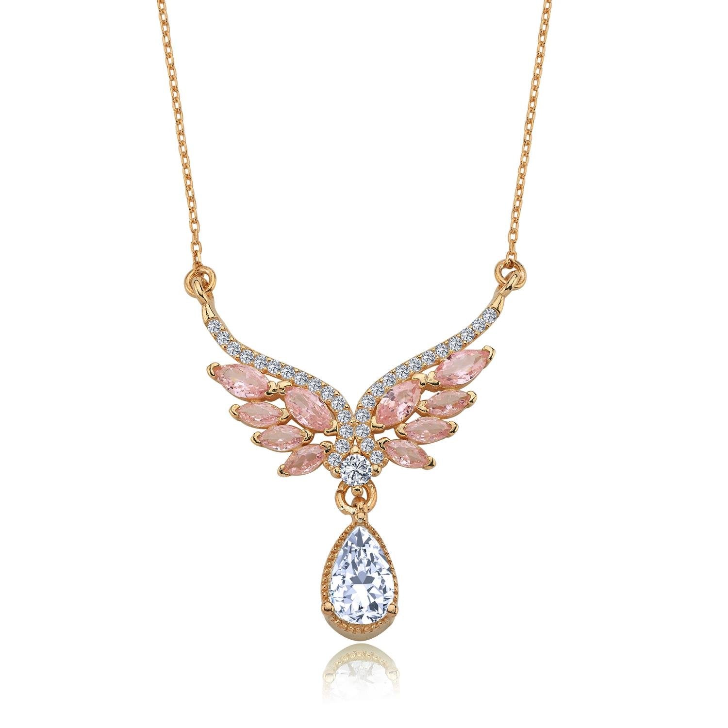 Pink Stone Angel Wing Rose Gold Necklace