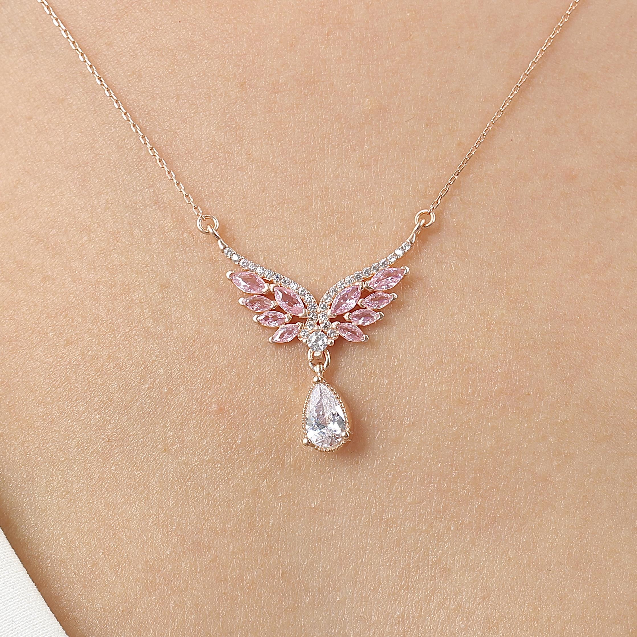 Pink Stone Angel Wing Rose Gold Necklace
