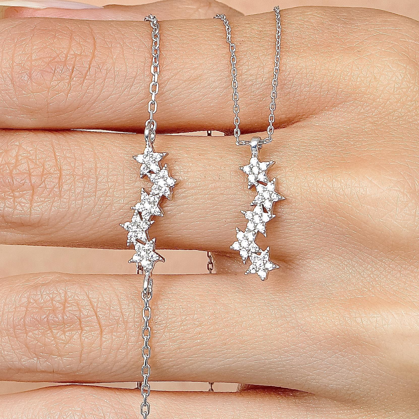 Diamond Setting Asymmetric Stars Silver Jewelry Set