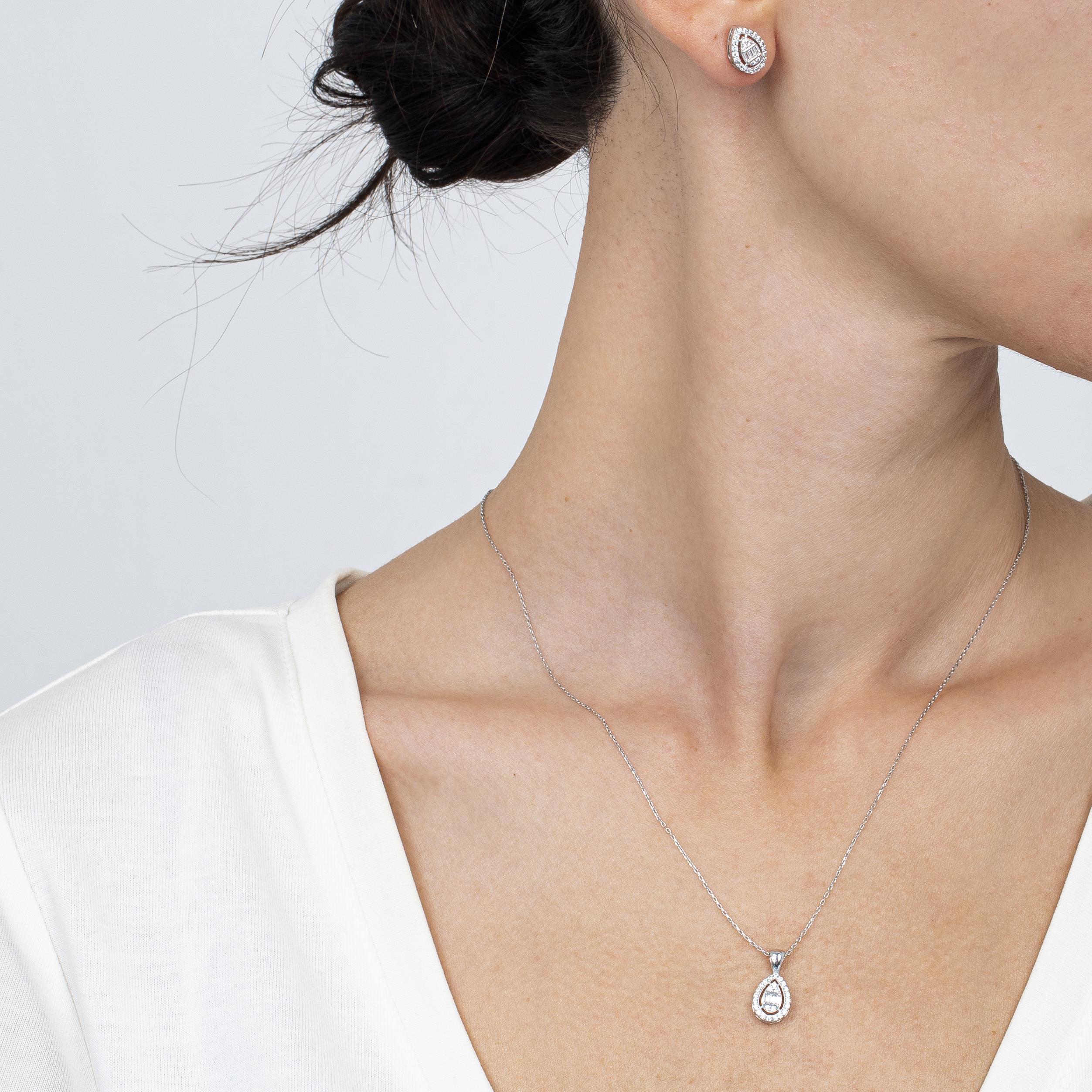 Diamond Setting Baguette Teardrop Silver Duo Set