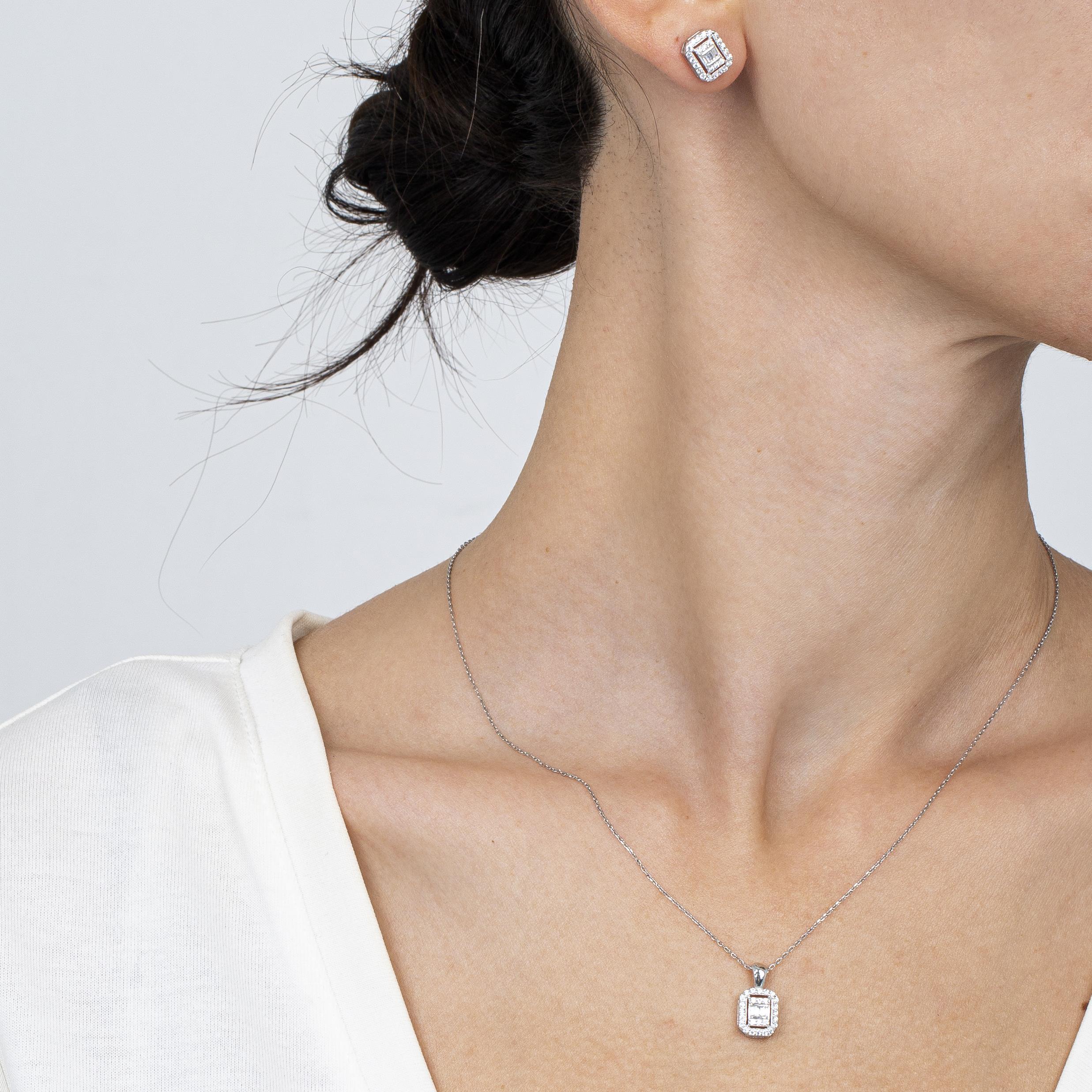 Diamond Setting Baguette Square Silver Double Set