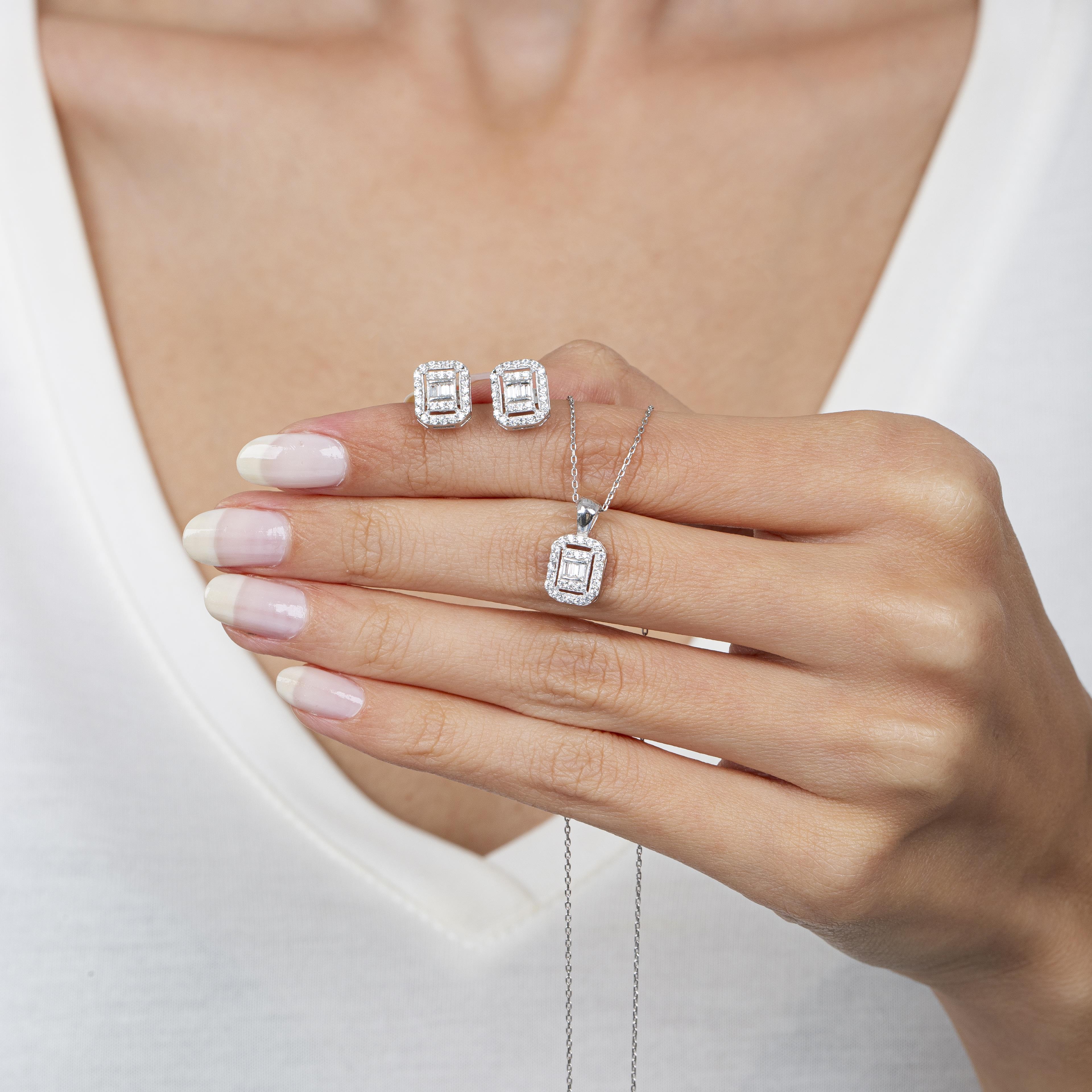Diamond Setting Baguette Square Silver Double Set
