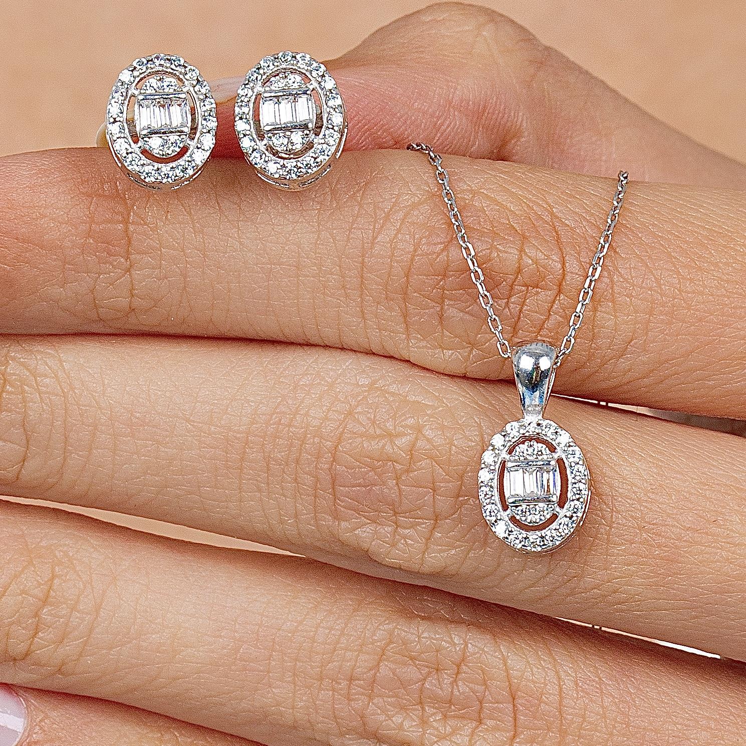 Diamond Setting Baguette Oval Silver Double Set