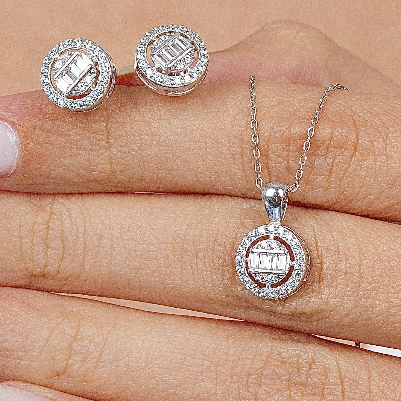 Diamond Setting Baguette Round Silver Duo Set