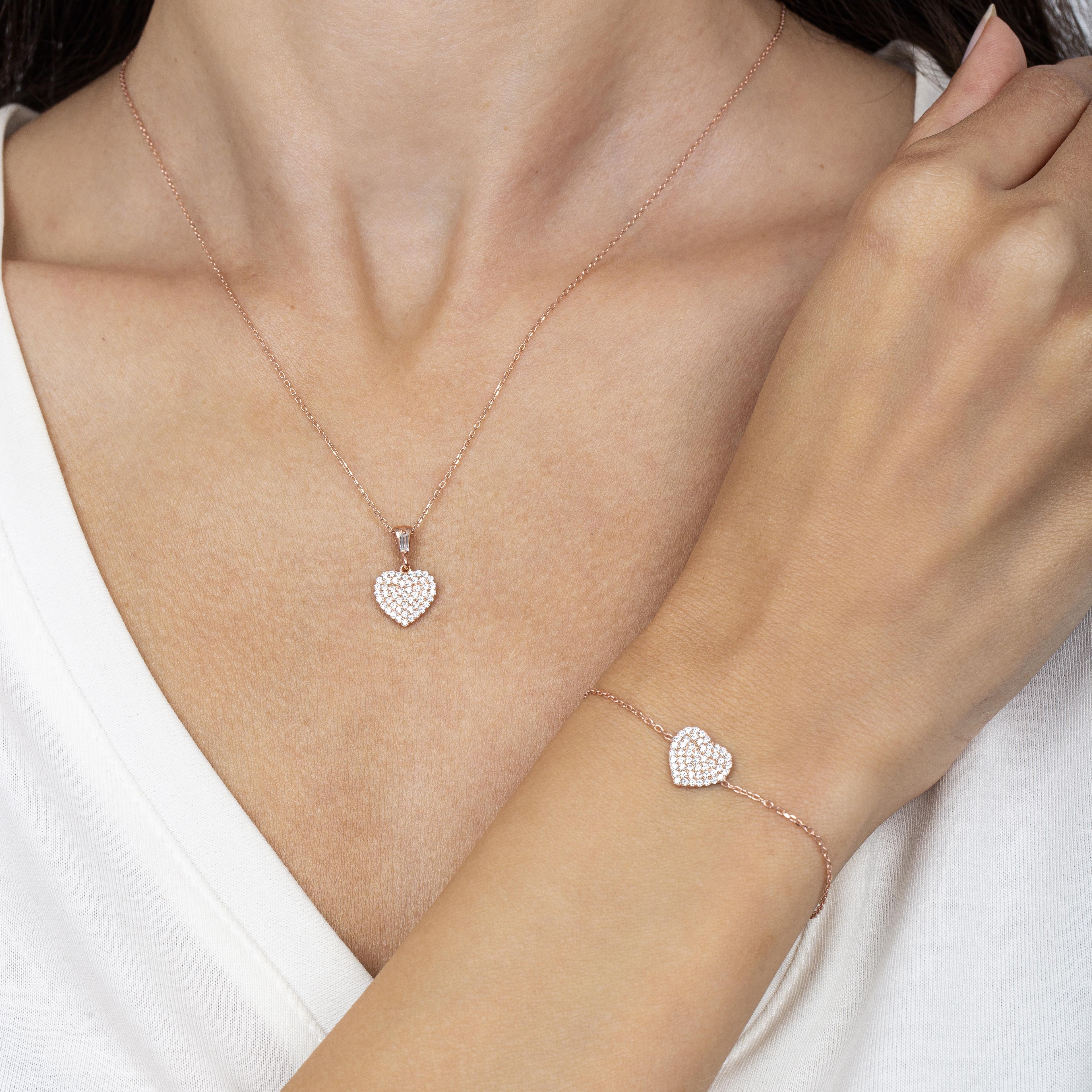 Diamond Setting Sparkling Heart Silver Duo Set