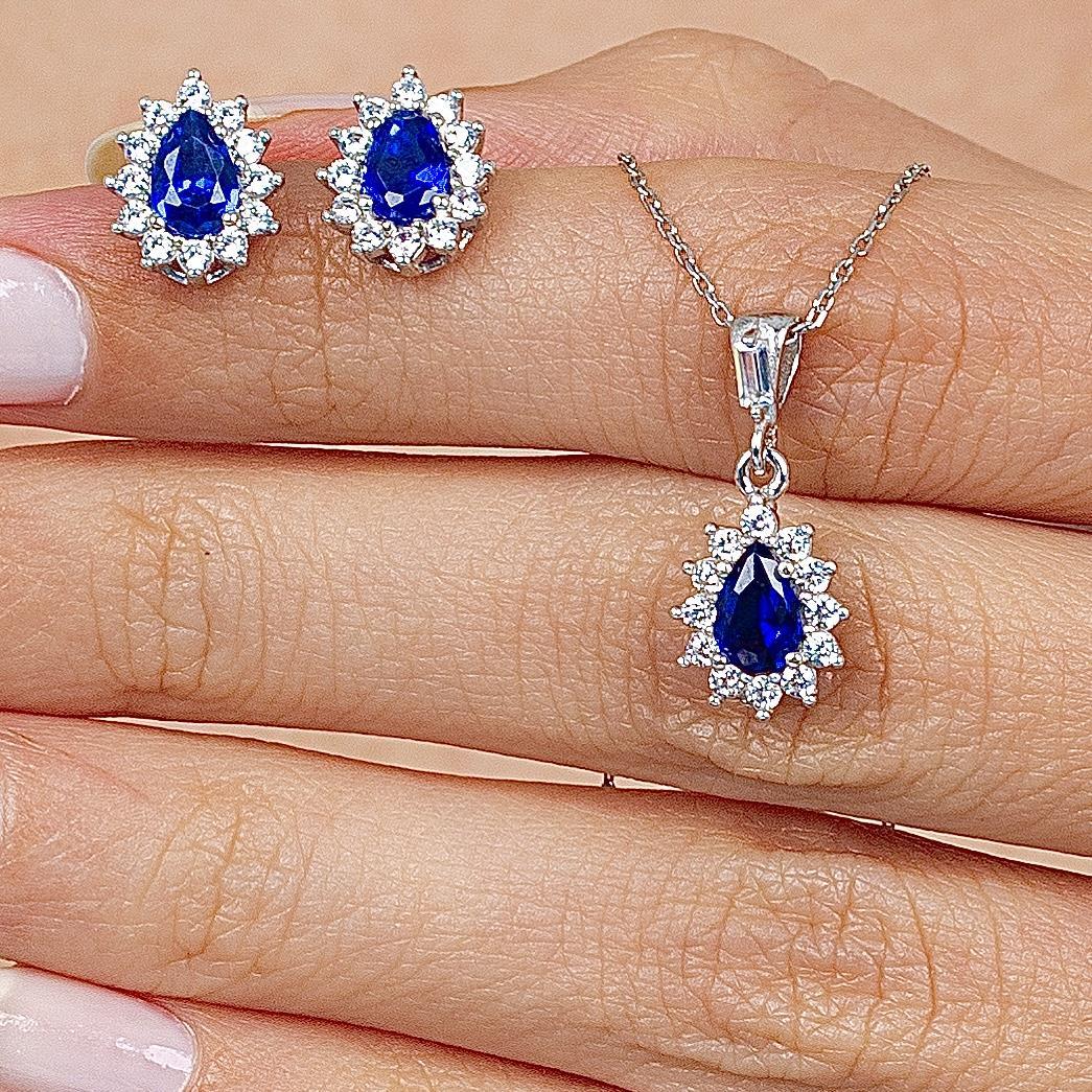 Diamond Drop Sapphire 925 Silver Jewelry Set