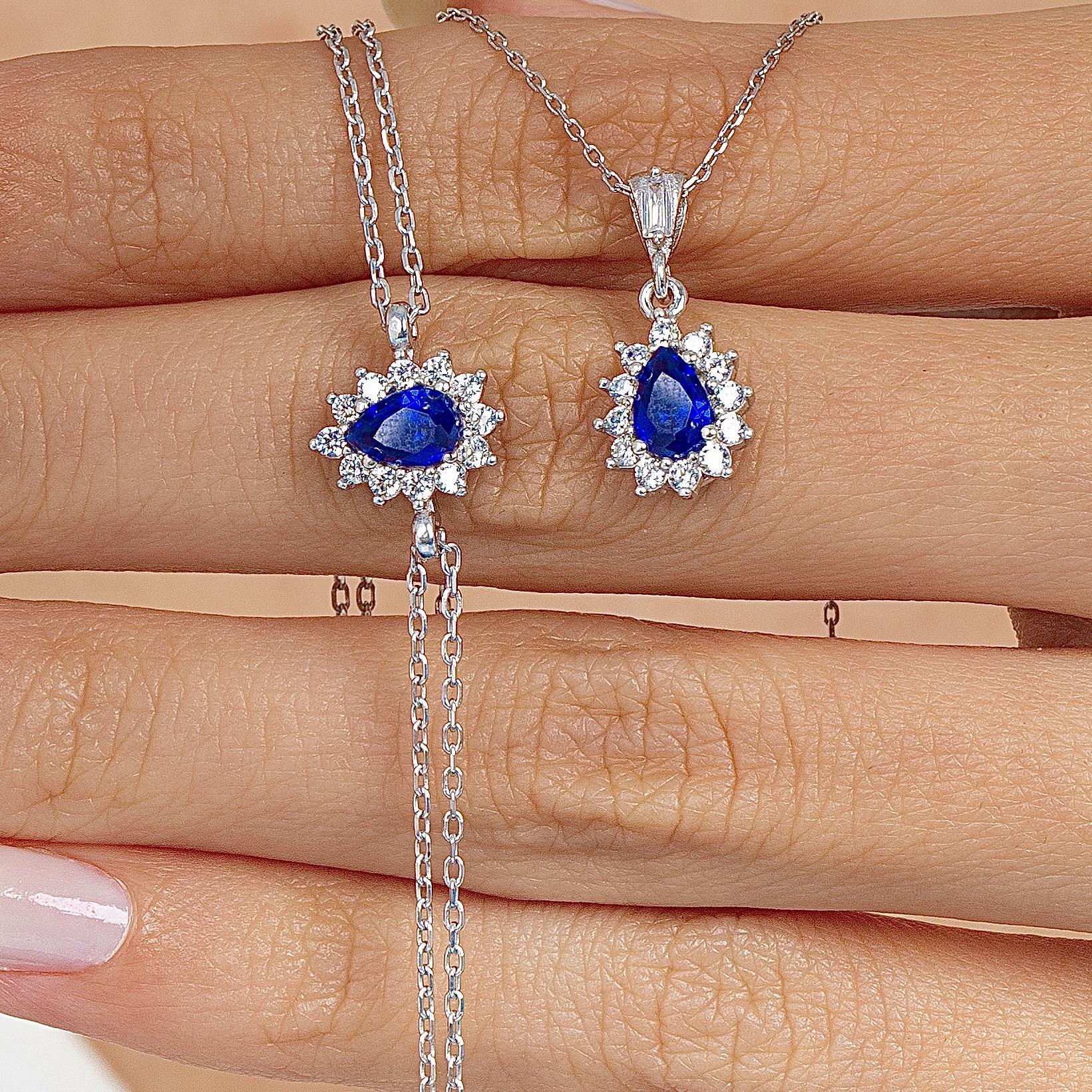 Diamond Setting Drop Sapphire Silver Double Set