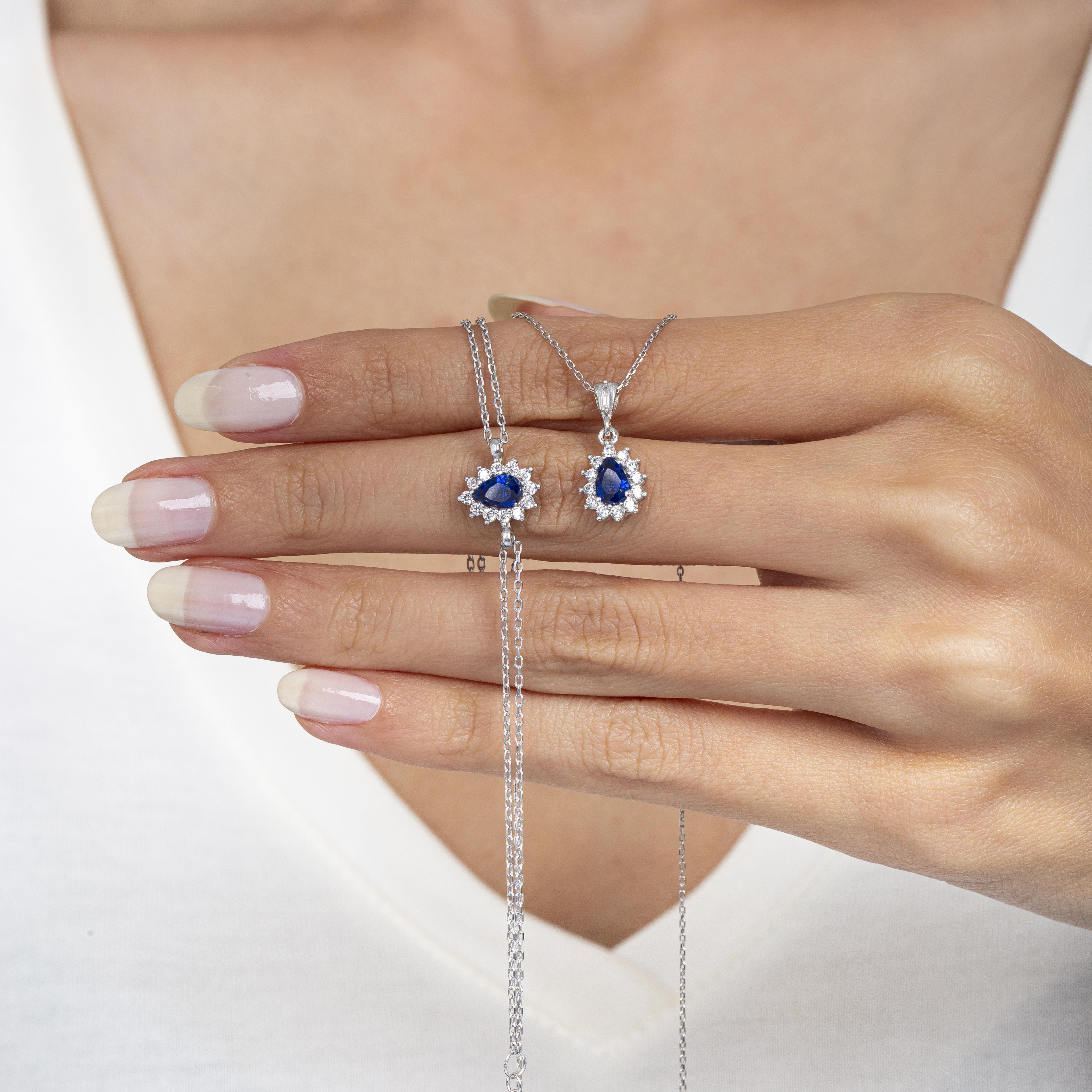 Diamond Setting Drop Sapphire Silver Double Set