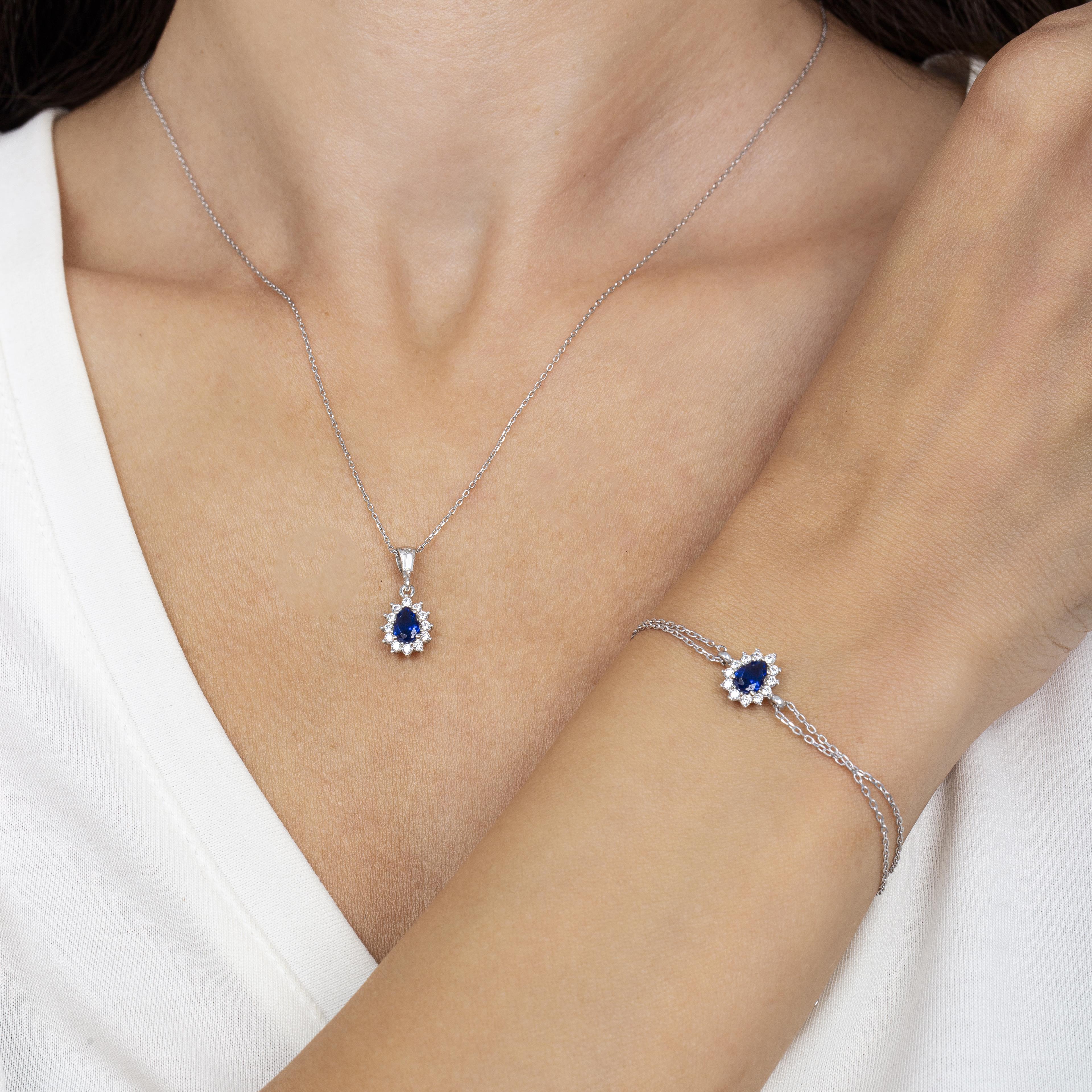 Diamond Setting Drop Sapphire Silver Double Set
