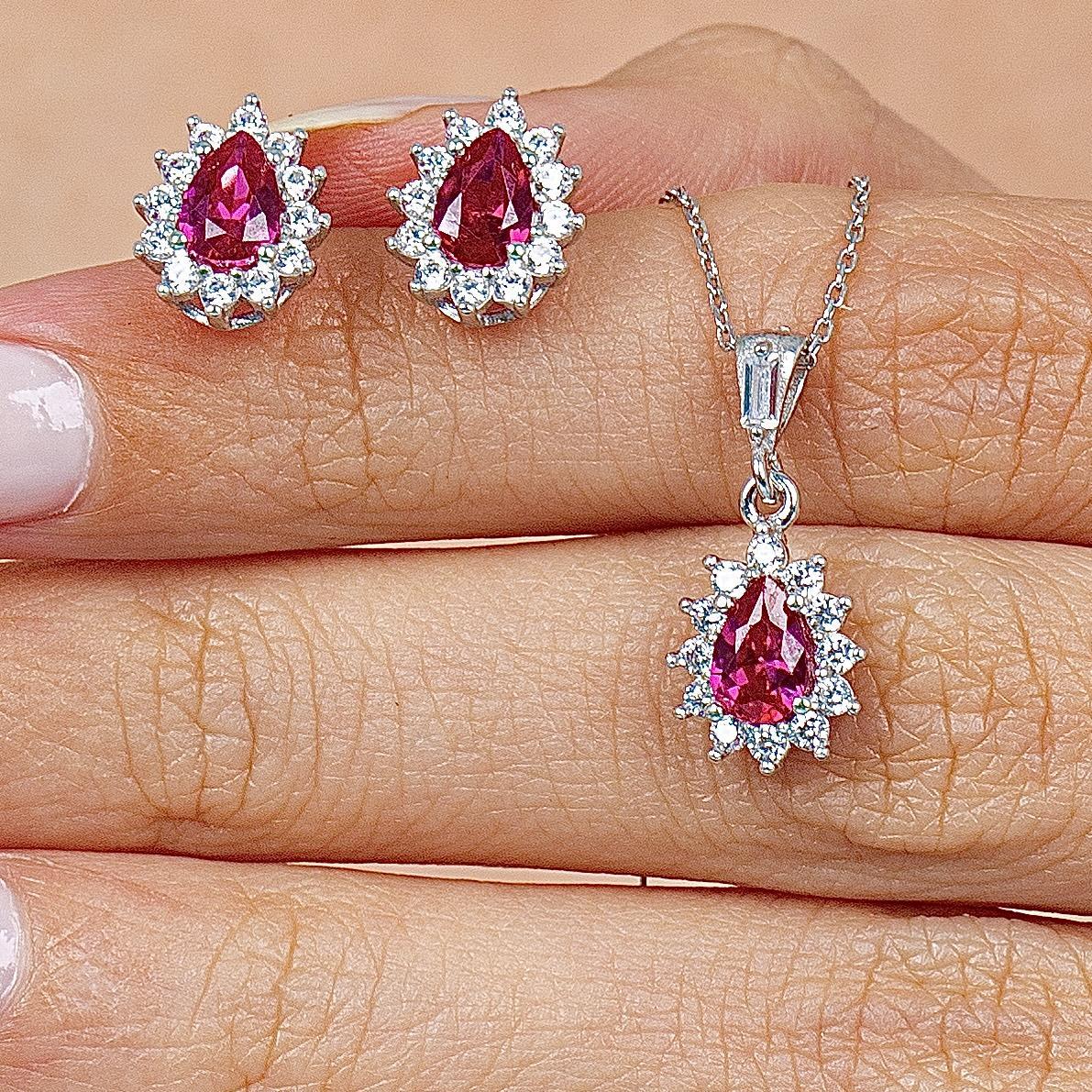 Diamond Drop Ruby 925 Silver Jewelry Set