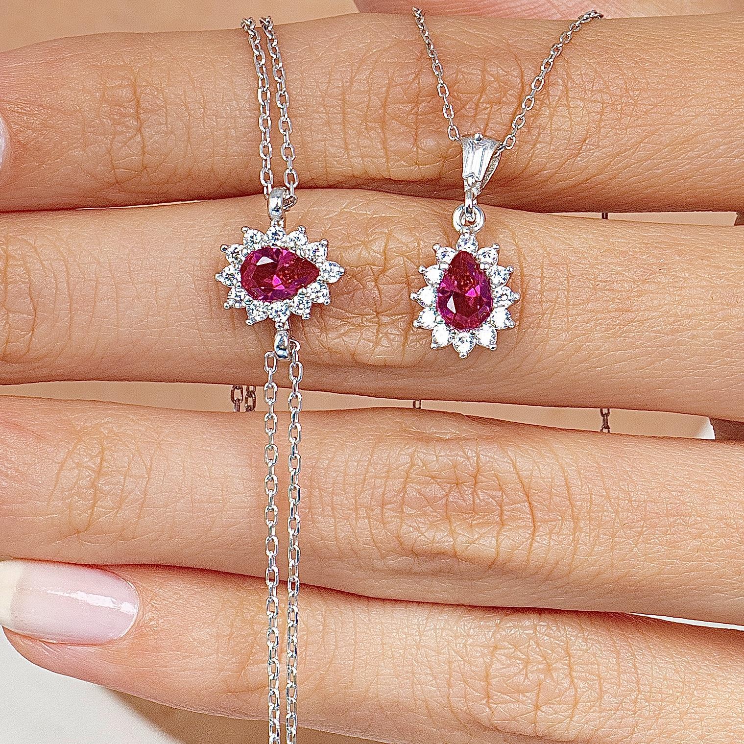 Diamond Drop Ruby 925 Silver Jewelry Set