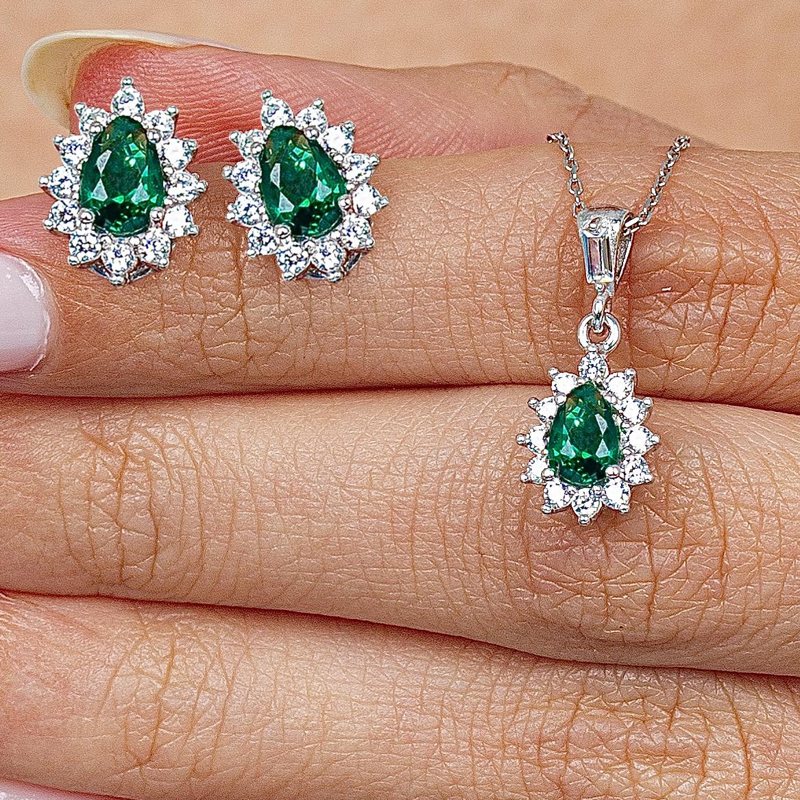 Diamond Drop Emerald 925 Sterling Silver Jewelry Set