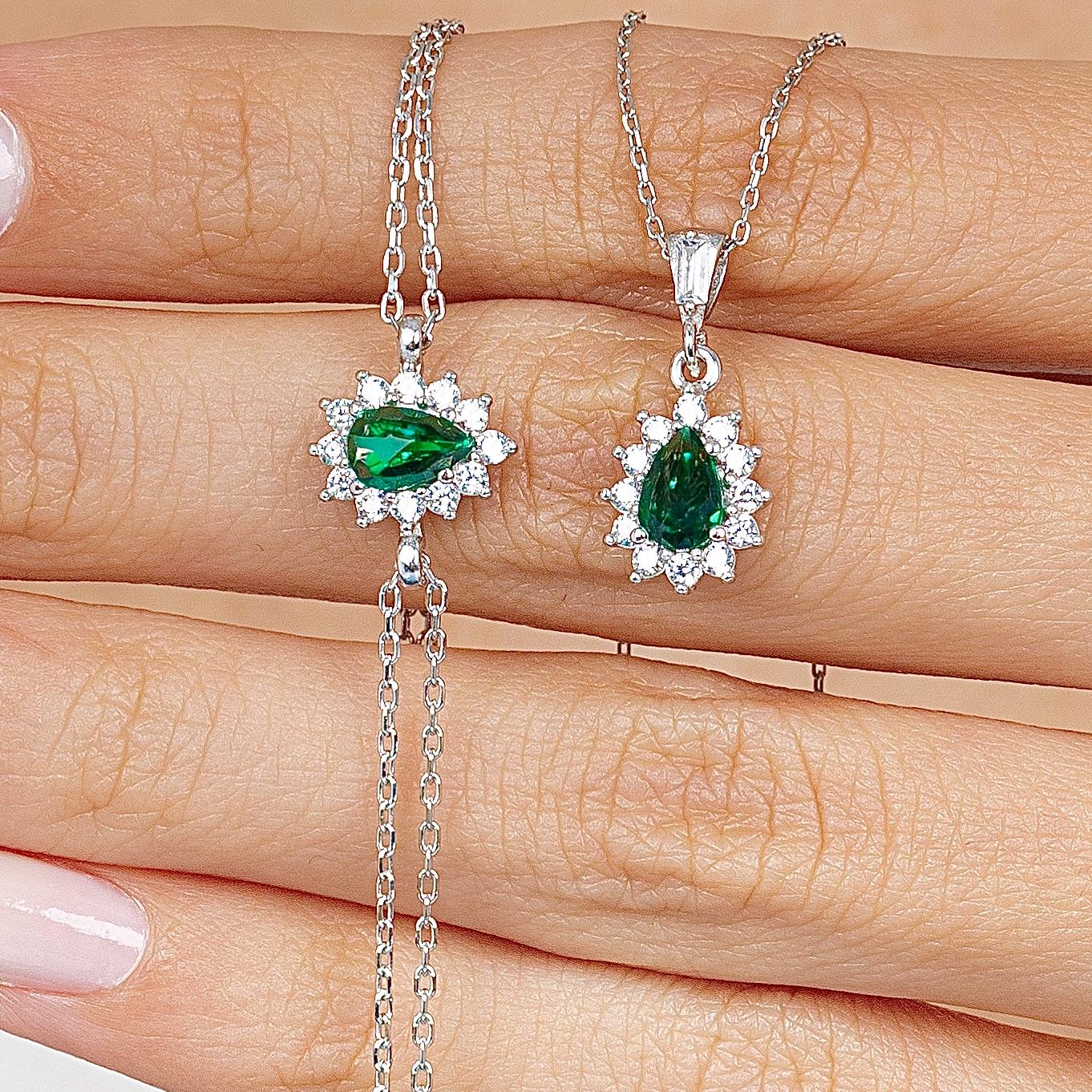 Diamond Drop Emerald 925 Silver Jewelry Set