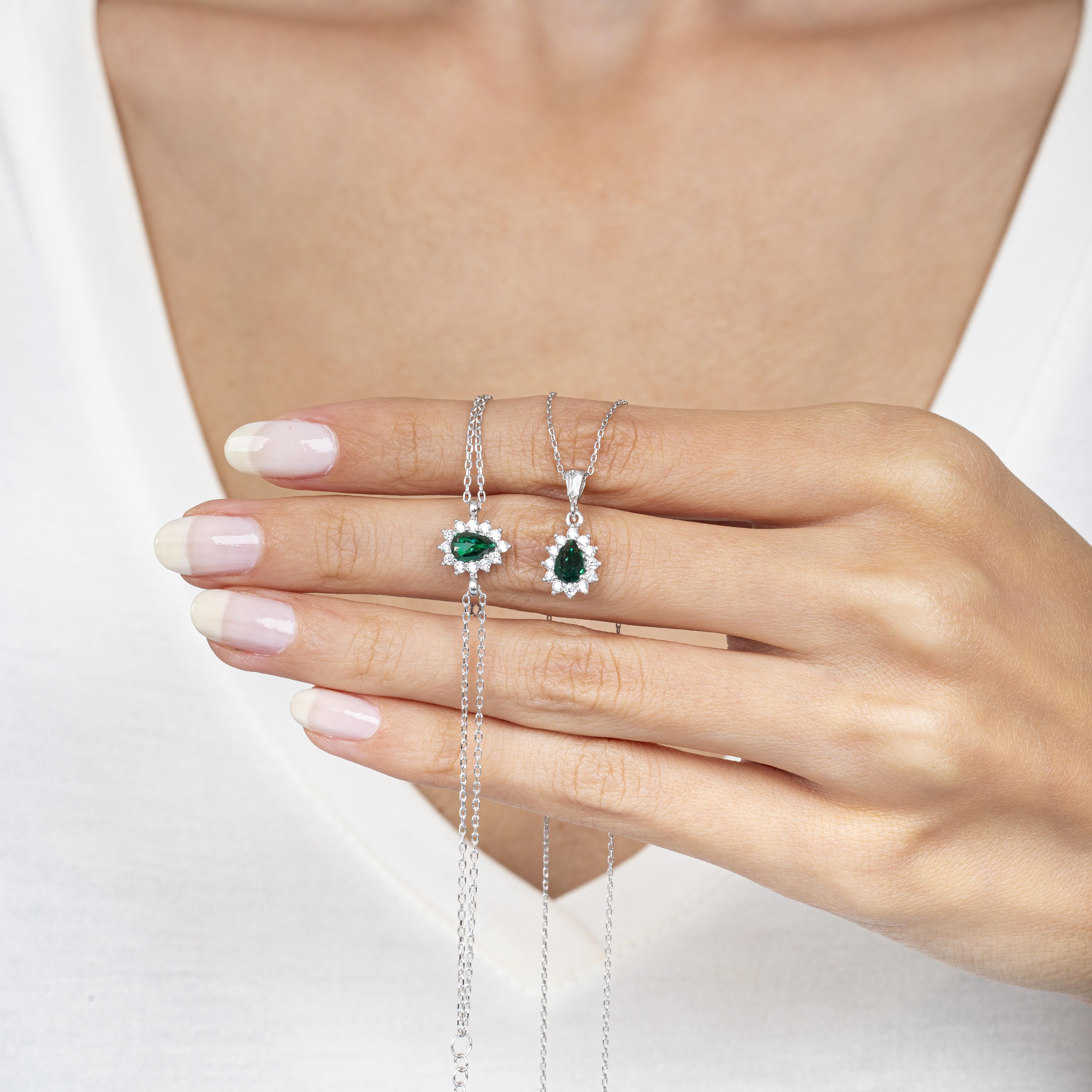 Diamond Drop Emerald 925 Silver Jewelry Set