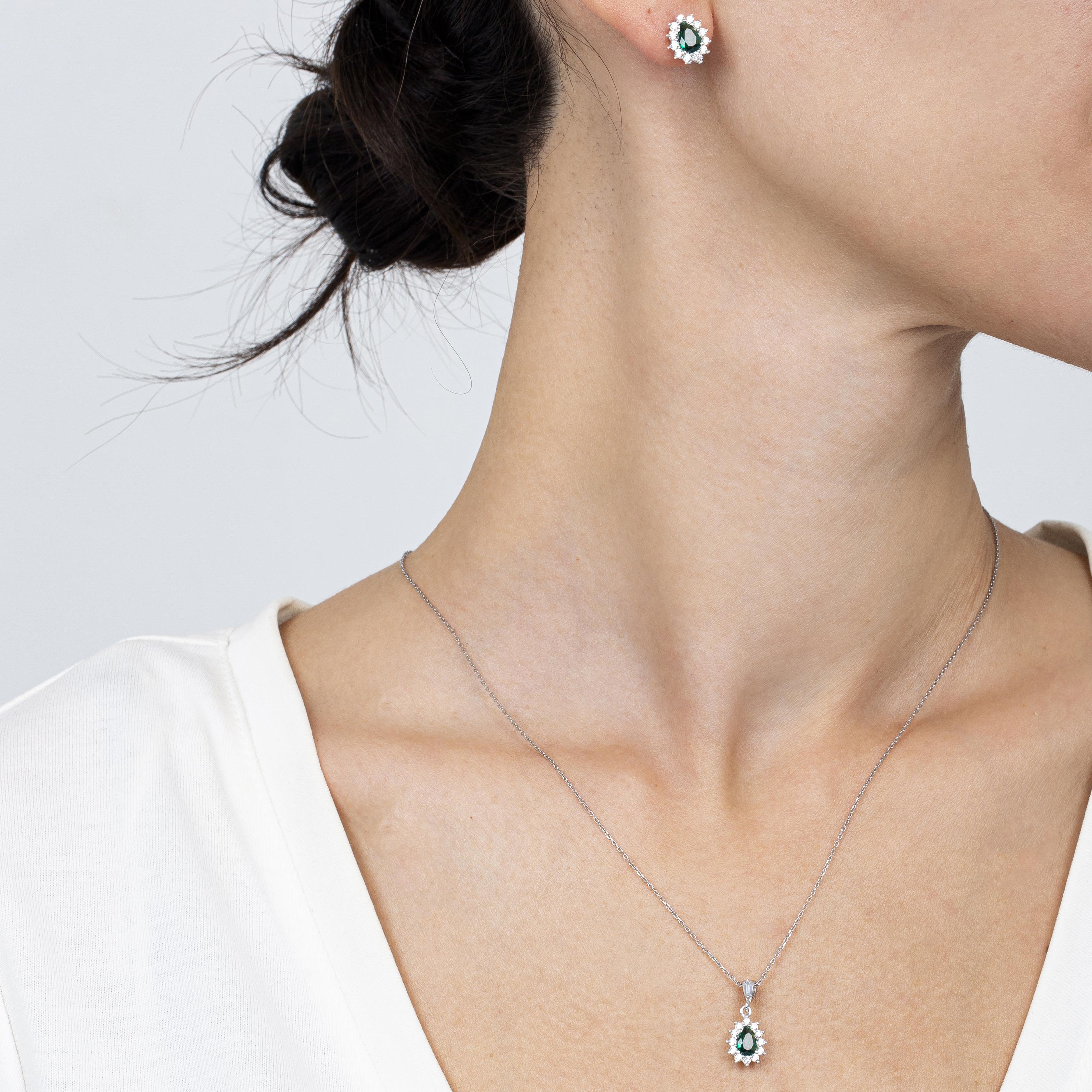 Diamond Drop Emerald 925 Sterling Silver Jewelry Set