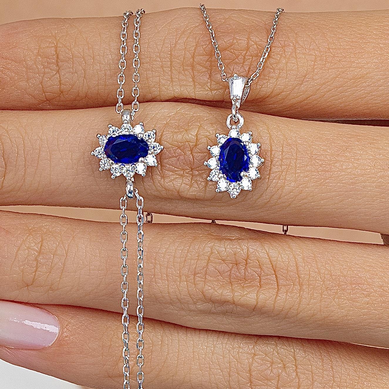 Diamond Oval Cut Sapphire 925 Silver Jewelry Set