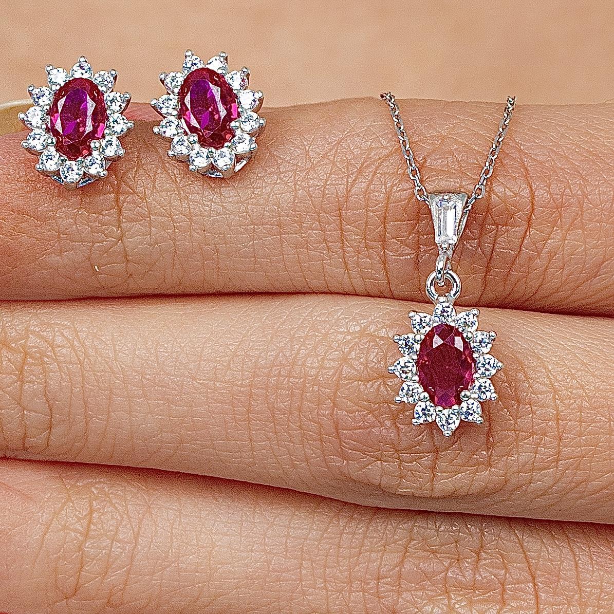 Diamond Oval Cut Ruby Birthstone Silver Jewelry Set