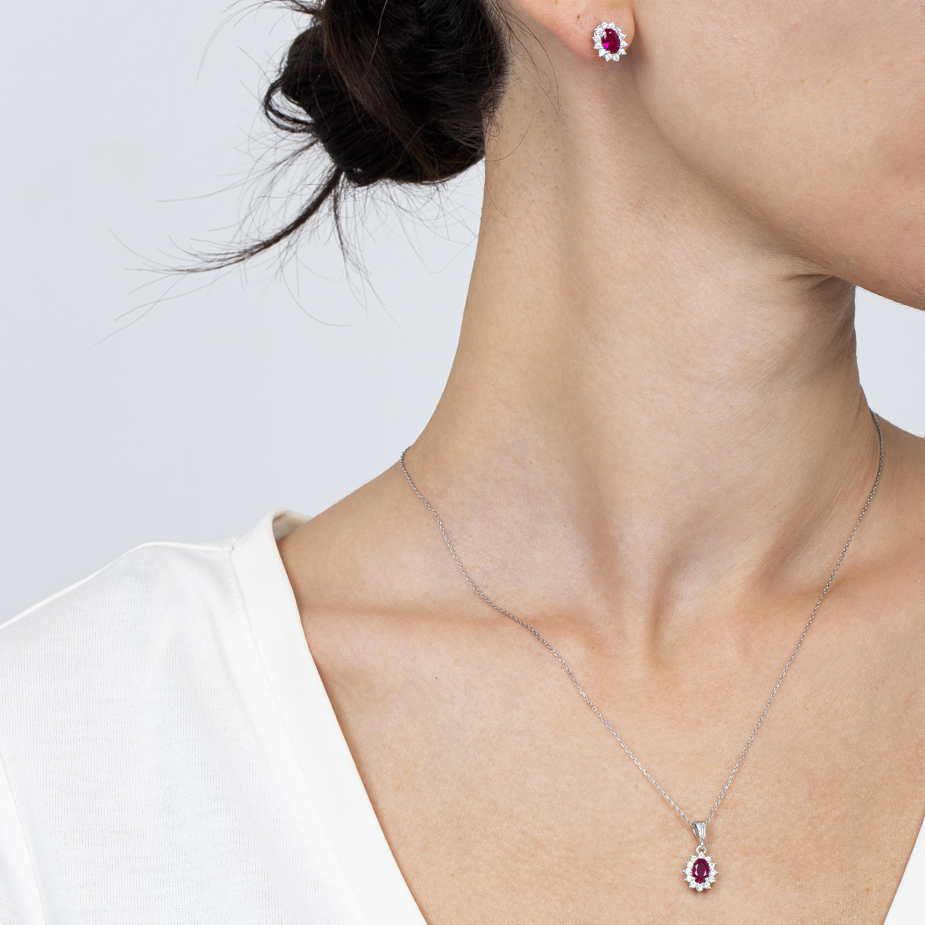 Diamond Oval Cut Ruby Birthstone Silver Jewelry Set