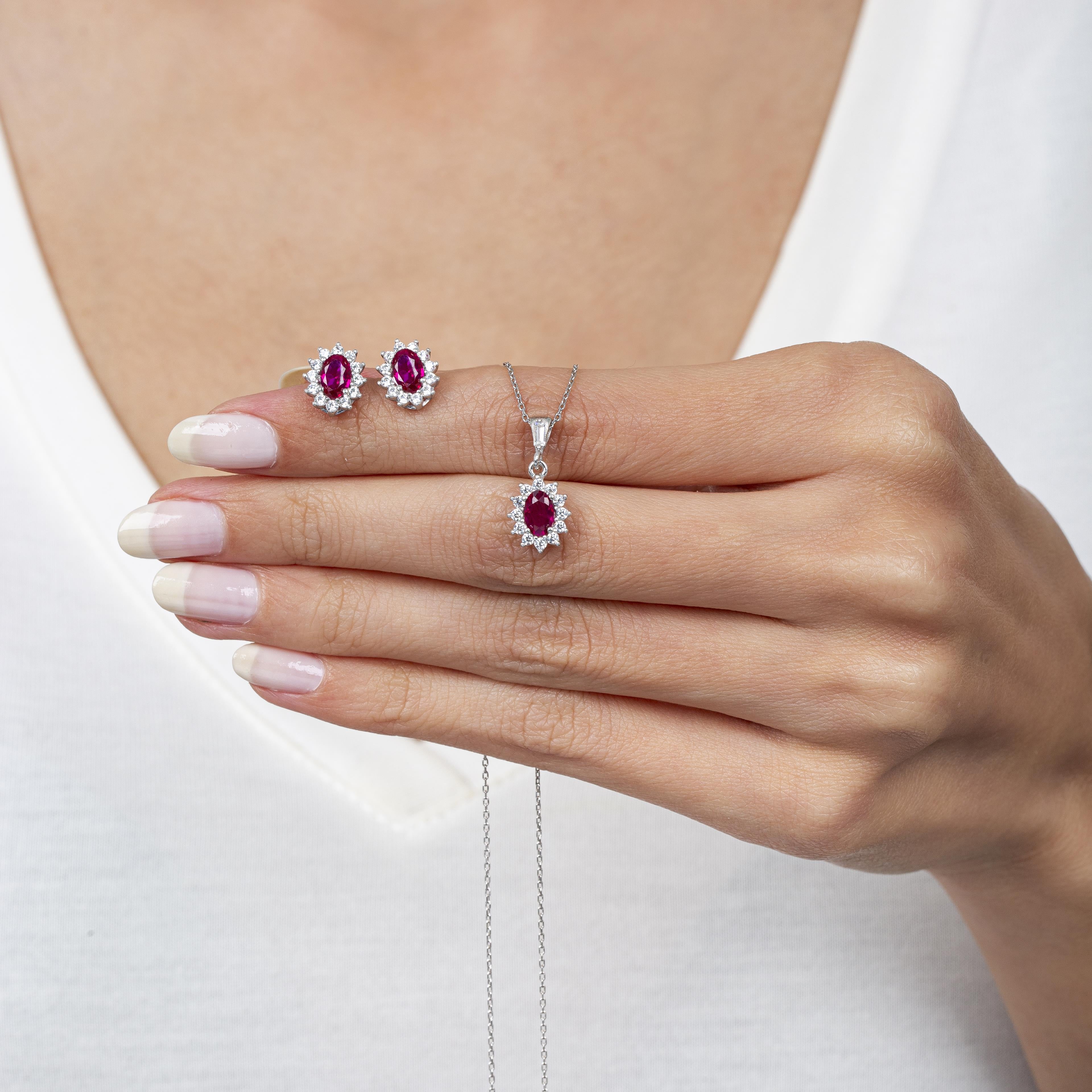 Diamond Oval Cut Ruby Birthstone Silver Jewelry Set