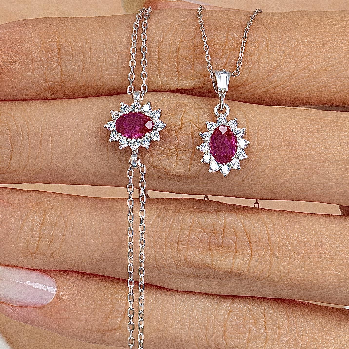 Diamond Oval Cut Ruby 925 Silver Jewelry Set