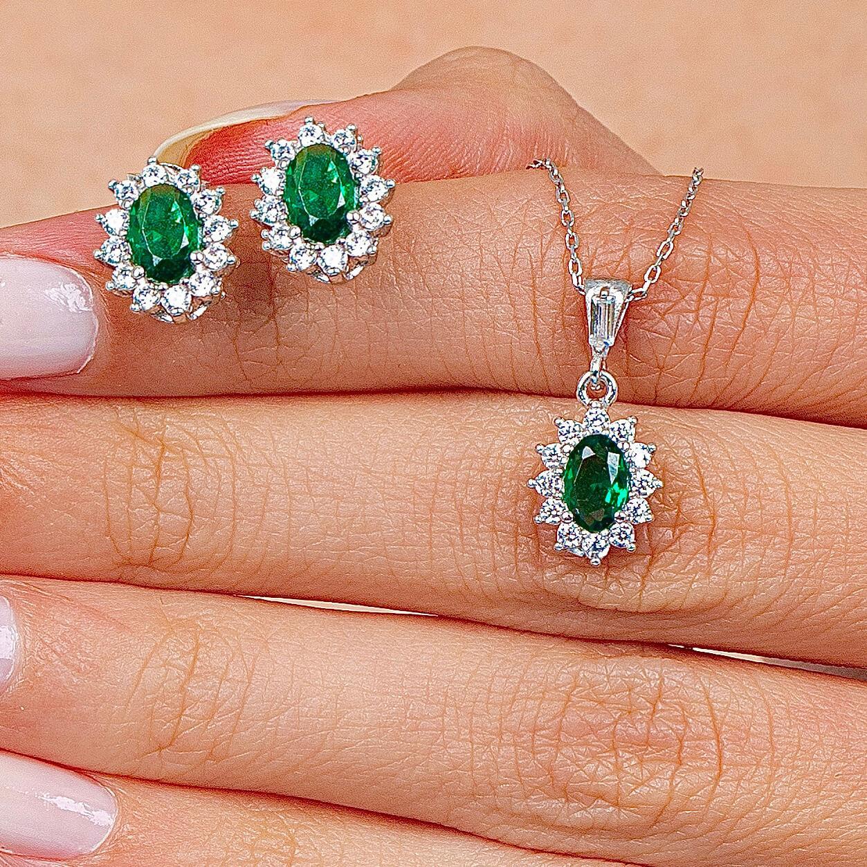 Diamond Oval Cut Emerald Birthstone Silver Jewelry Set